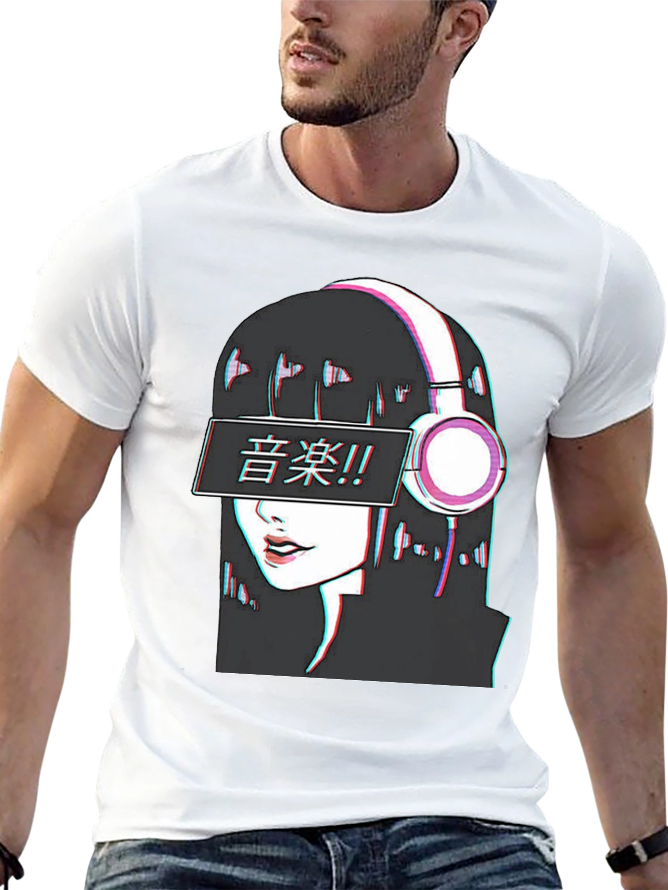 Black Anime Girl Music T-Shirt - Glitch Effect view 13