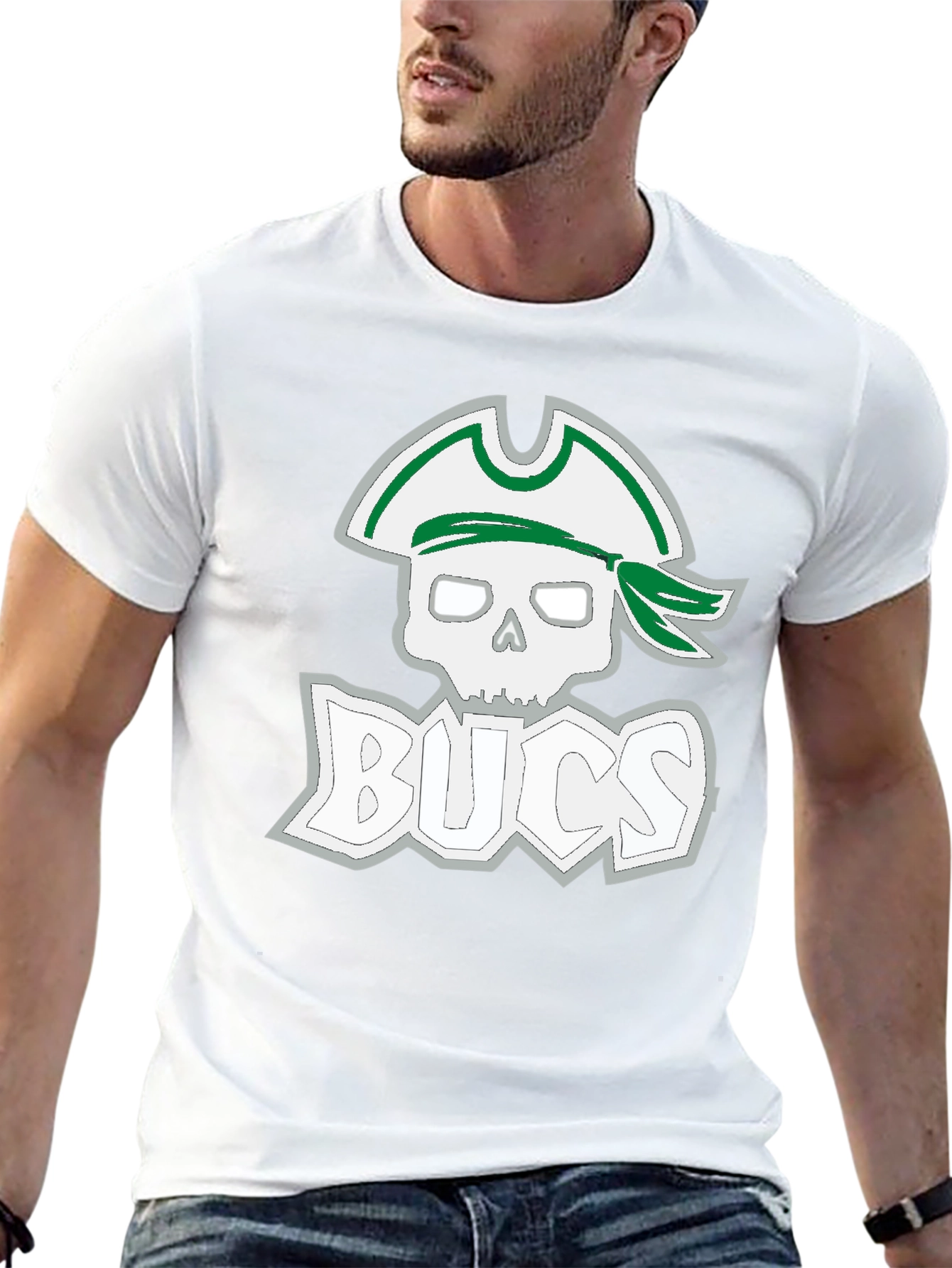 Black Men's Black T-Shirt with Pirate Skull & 'BUCS' Graphic view 13