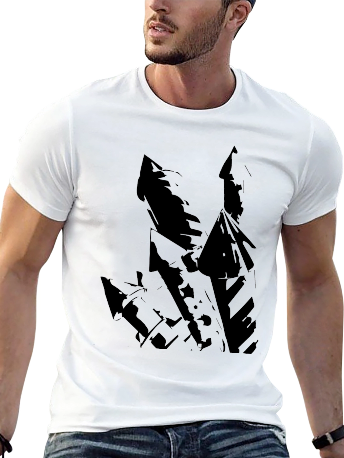 Black Men's Black T-Shirt with Abstract Castle Design view 13