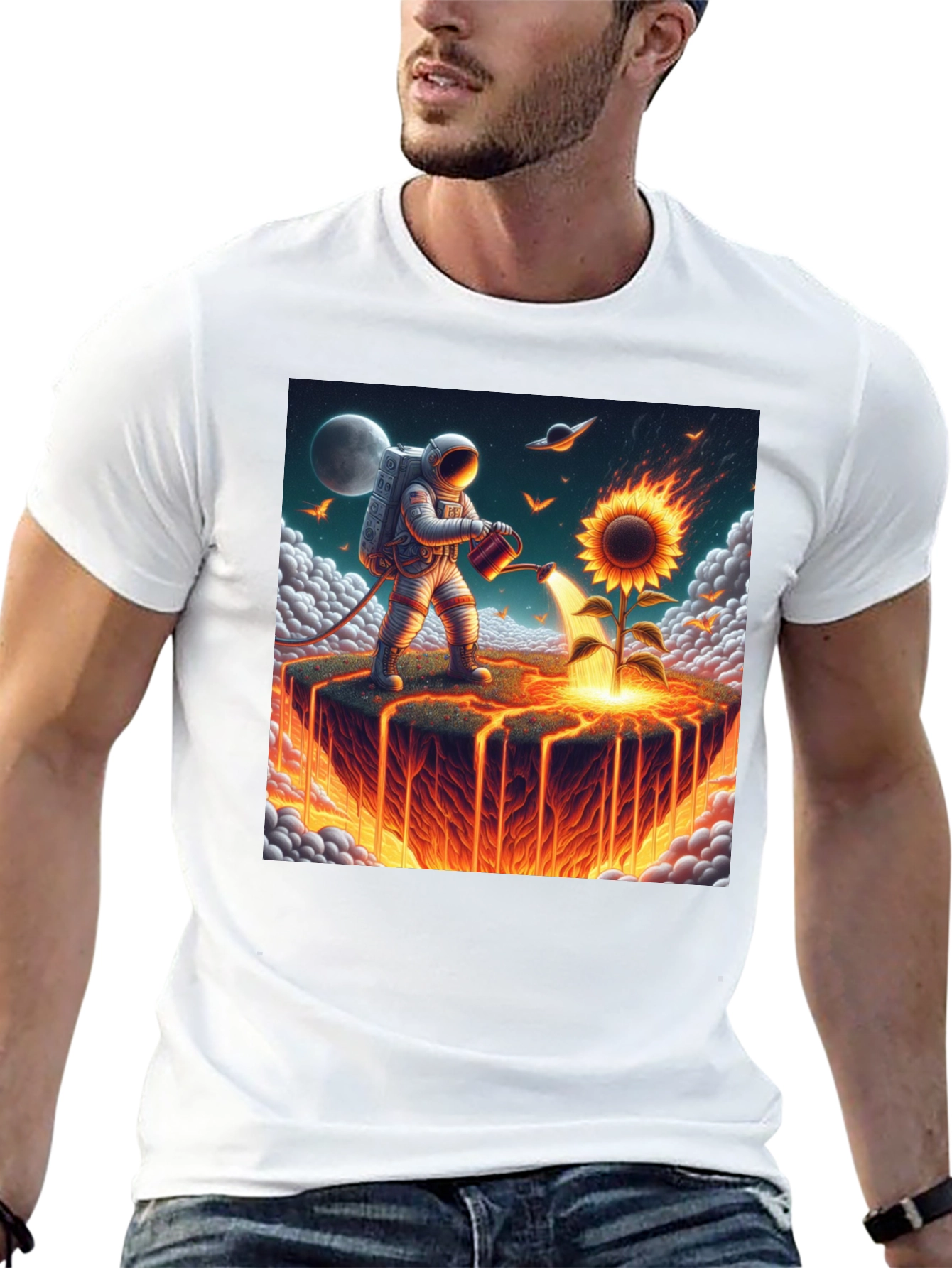 Black Astronaut Watering Fire Sunflower T-Shirt view 13
