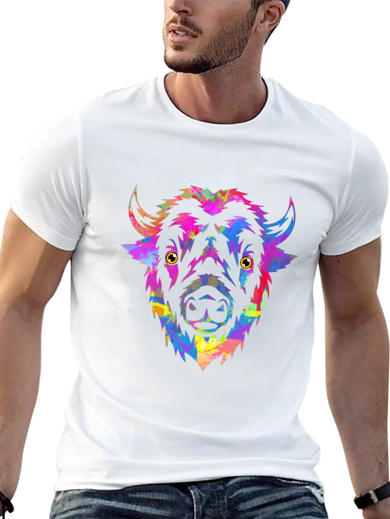 Black Colorful Bison Head Graphic Tee - Men's Black T-Shirt view 13