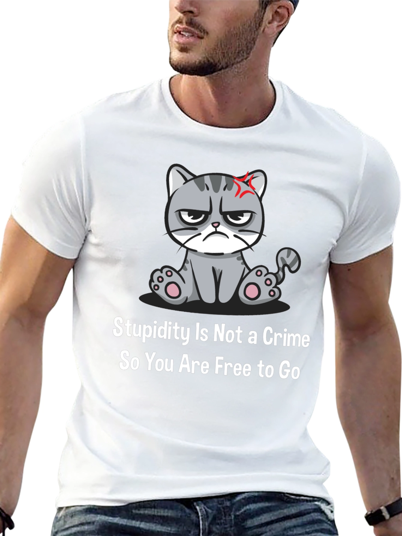 Black Grumpy Cat T-Shirt: Stupidity Is Not a Crime - Funny Sarcastic Tee view 13