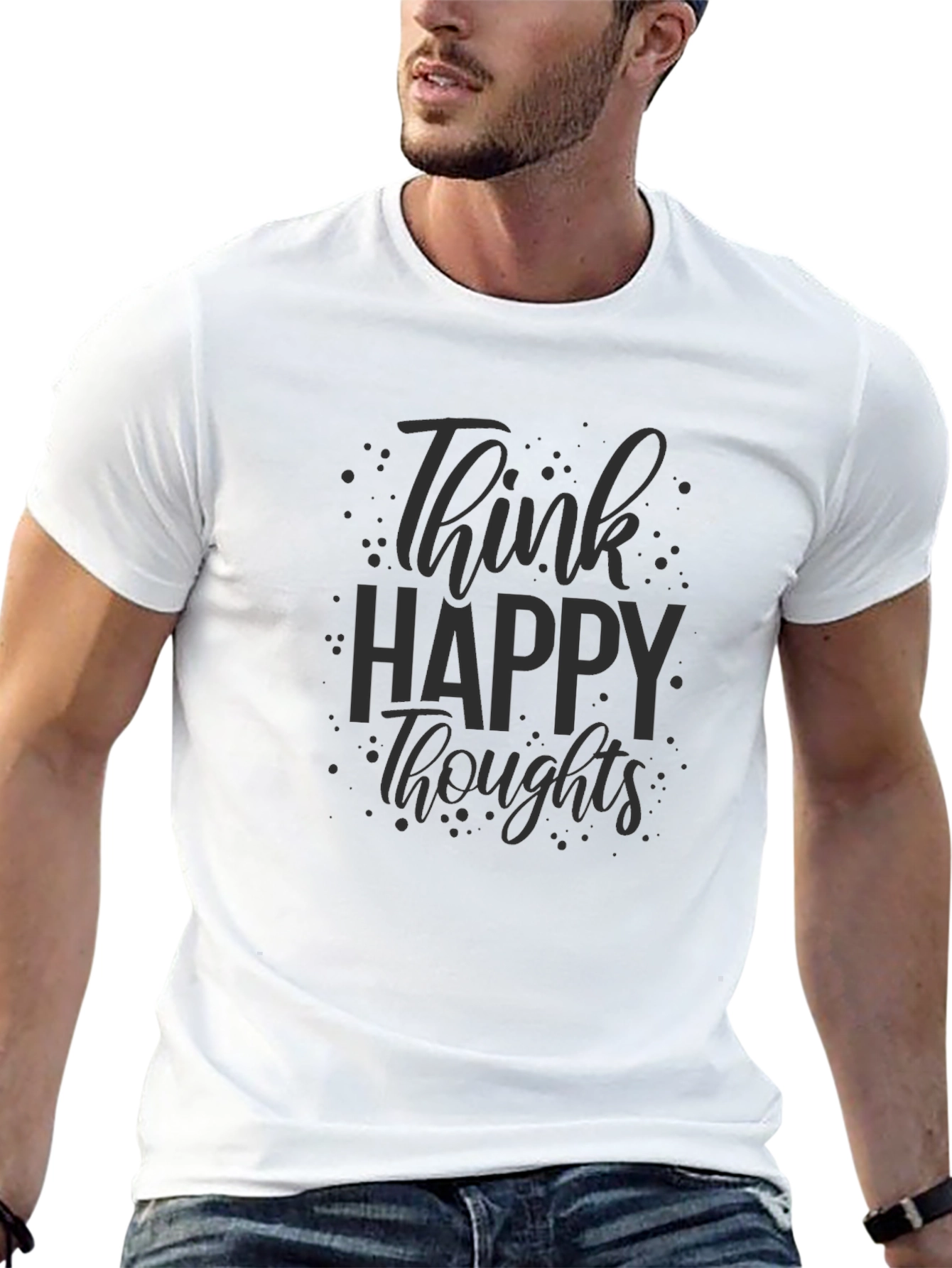 Black Think Happy Thoughts Black Graphic T-Shirt view 13
