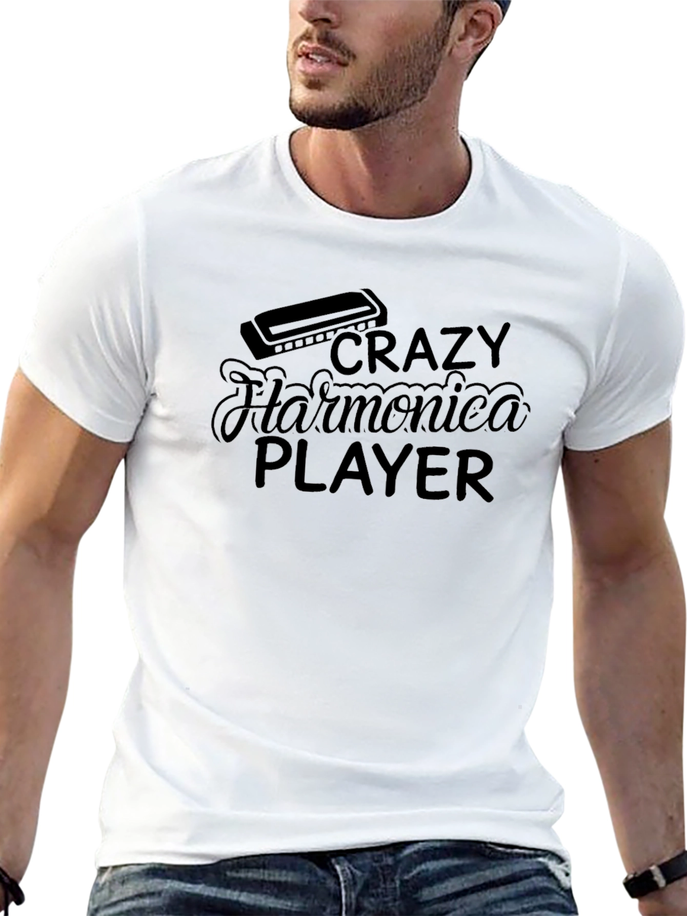 Black Crazy Harmonica Player T-Shirt - Music Lover Tee view 13