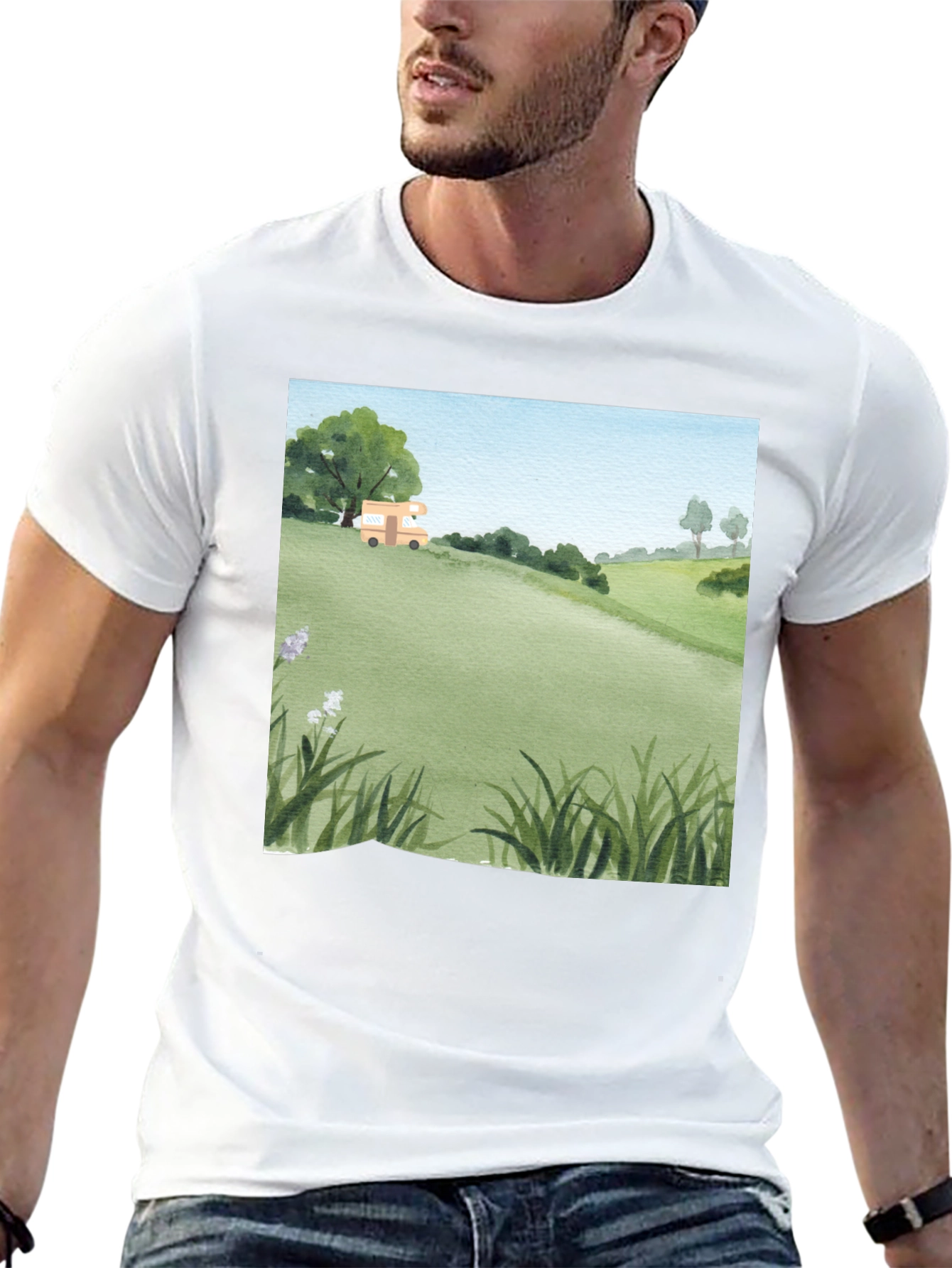 Black Watercolor Landscape Camper T-Shirt view 13