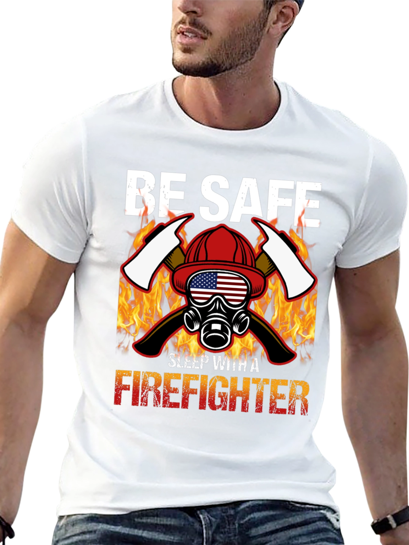 Black Be Safe Sleep With A Firefighter Black T-Shirt view 13