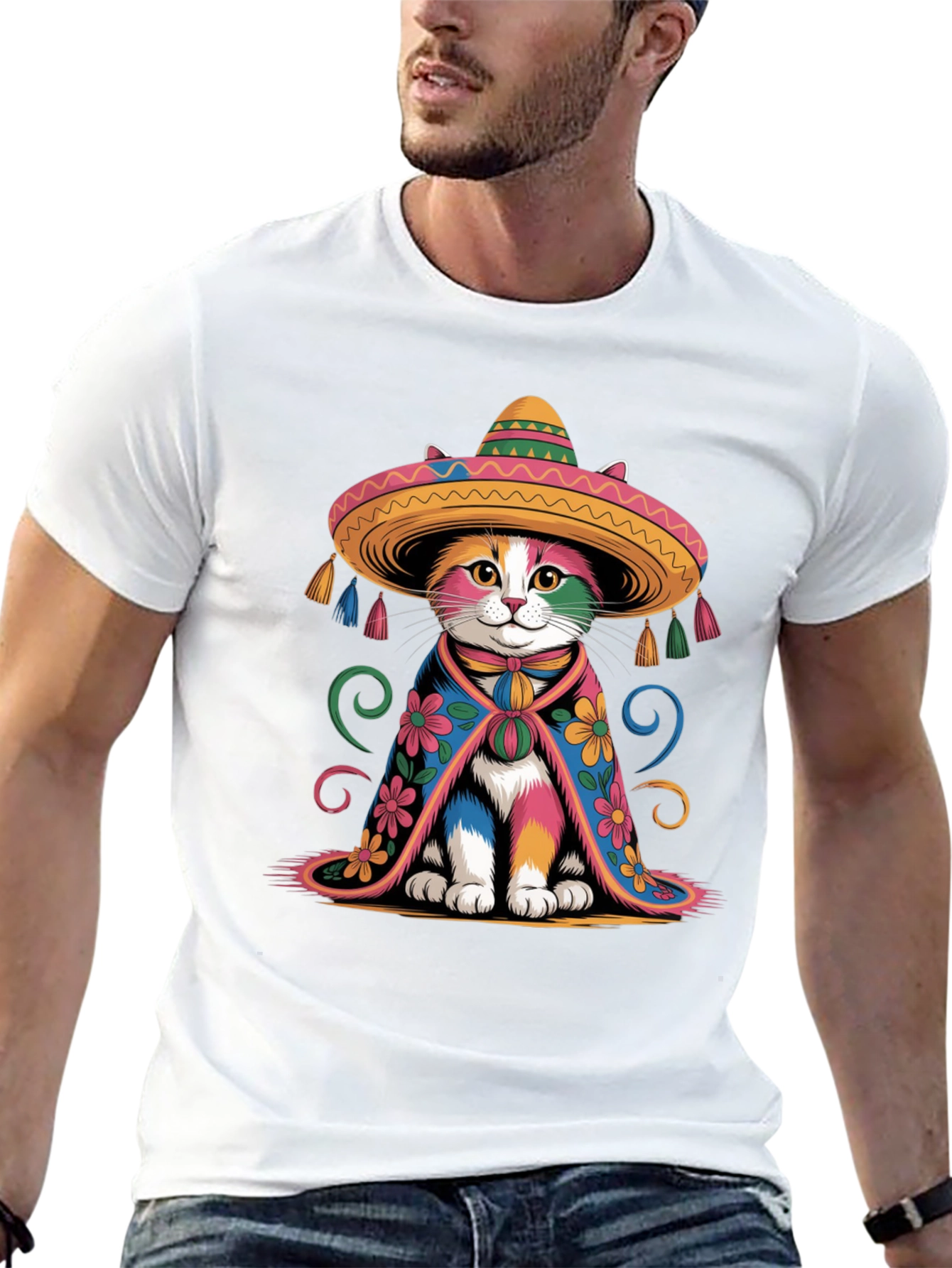 Black Colorful Cat Sombrero T-Shirt view 13