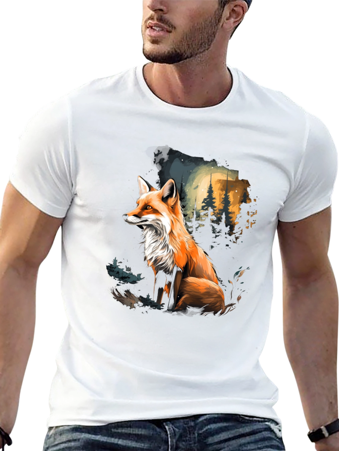 Black Fox in Forest Graphic Tee - Stylish Black T-Shirt view 13