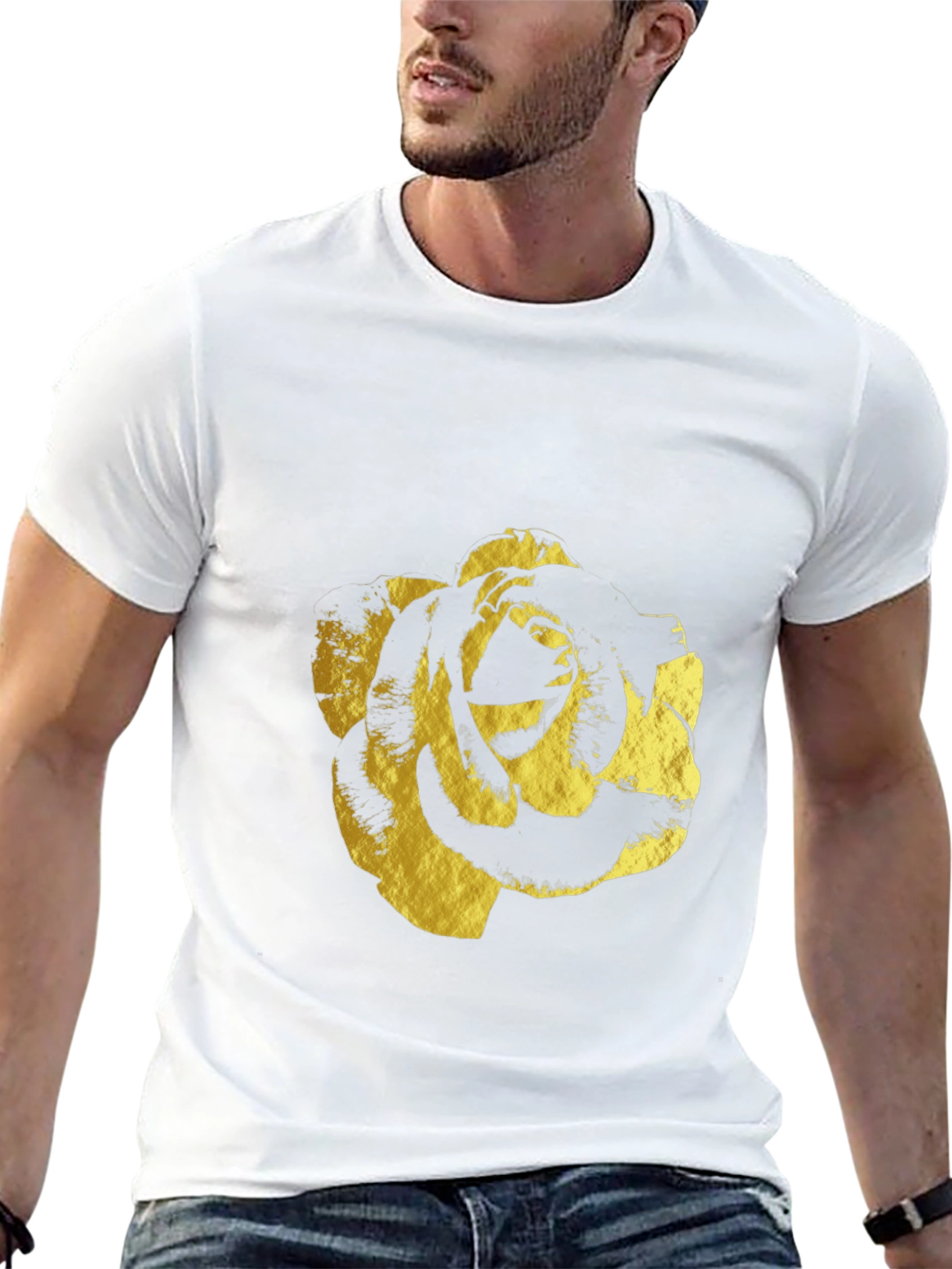 Black Black T-Shirt with Gold Rose Print - Modern & Stylish view 13