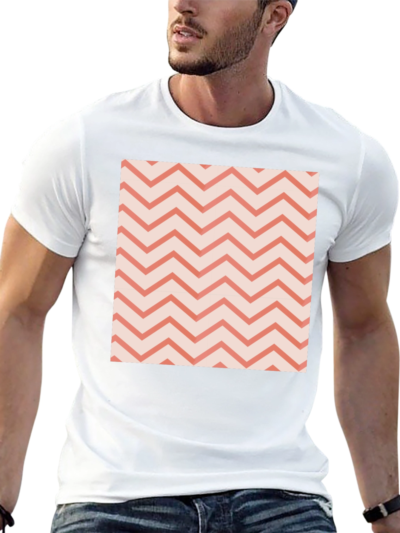Black Men's Black Tee with Coral Chevron Pattern view 13