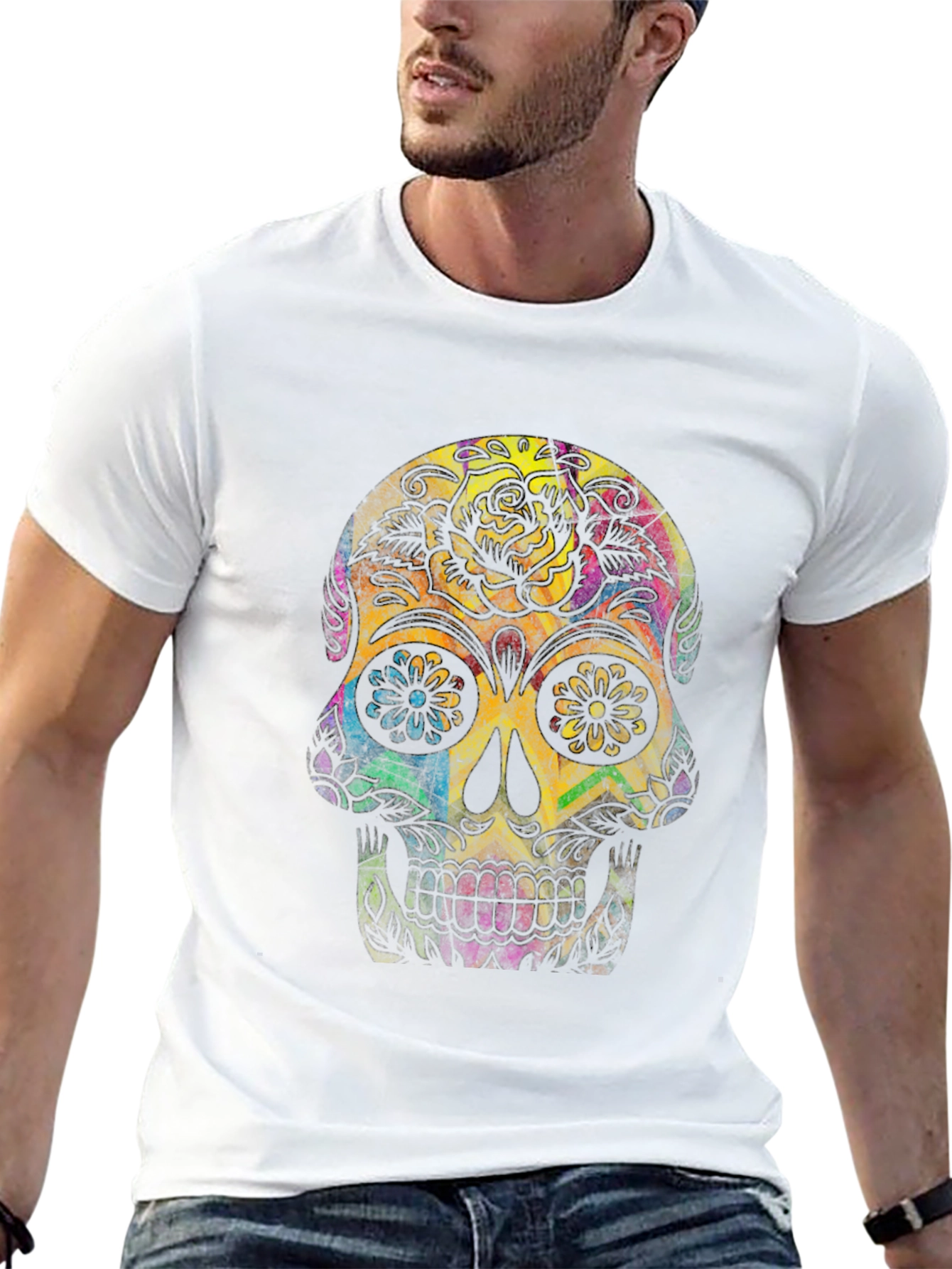 Black Colorful Sugar Skull Graphic Tee view 13