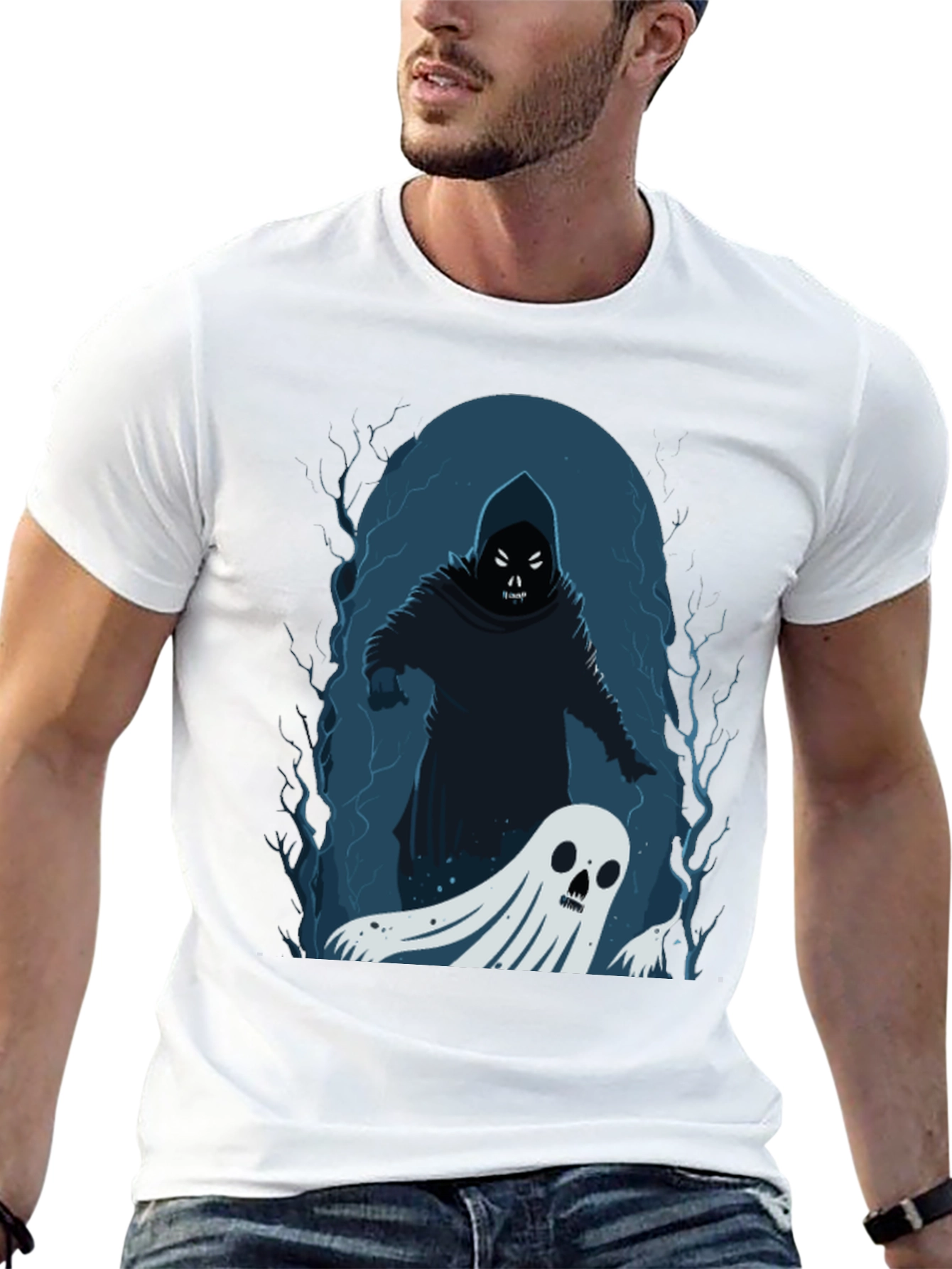 Black Spooky Grim Reaper & Ghost Black T-Shirt view 13