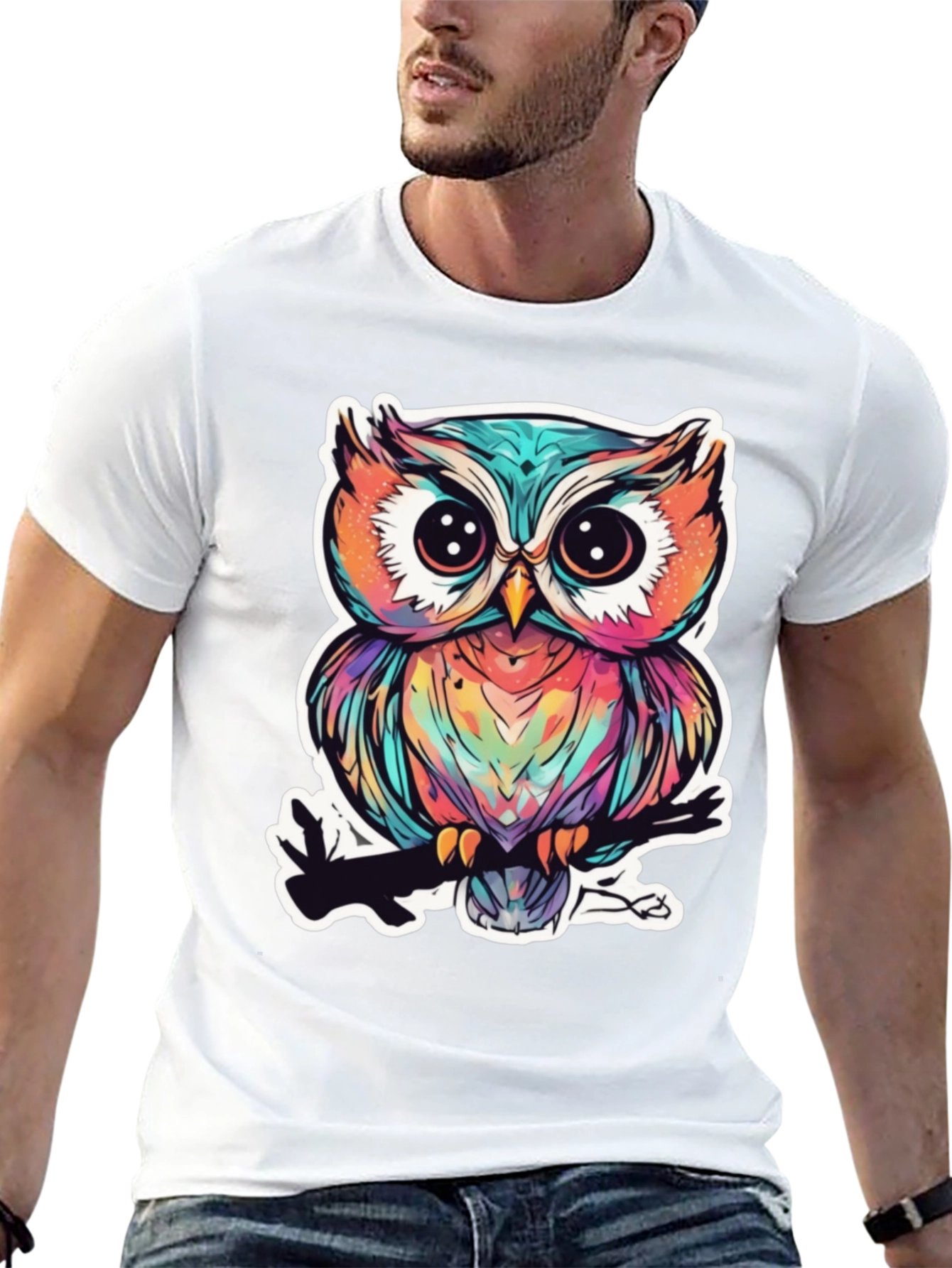 Black Colorful Owl Graphic Tee - Unique Bird Design view 13