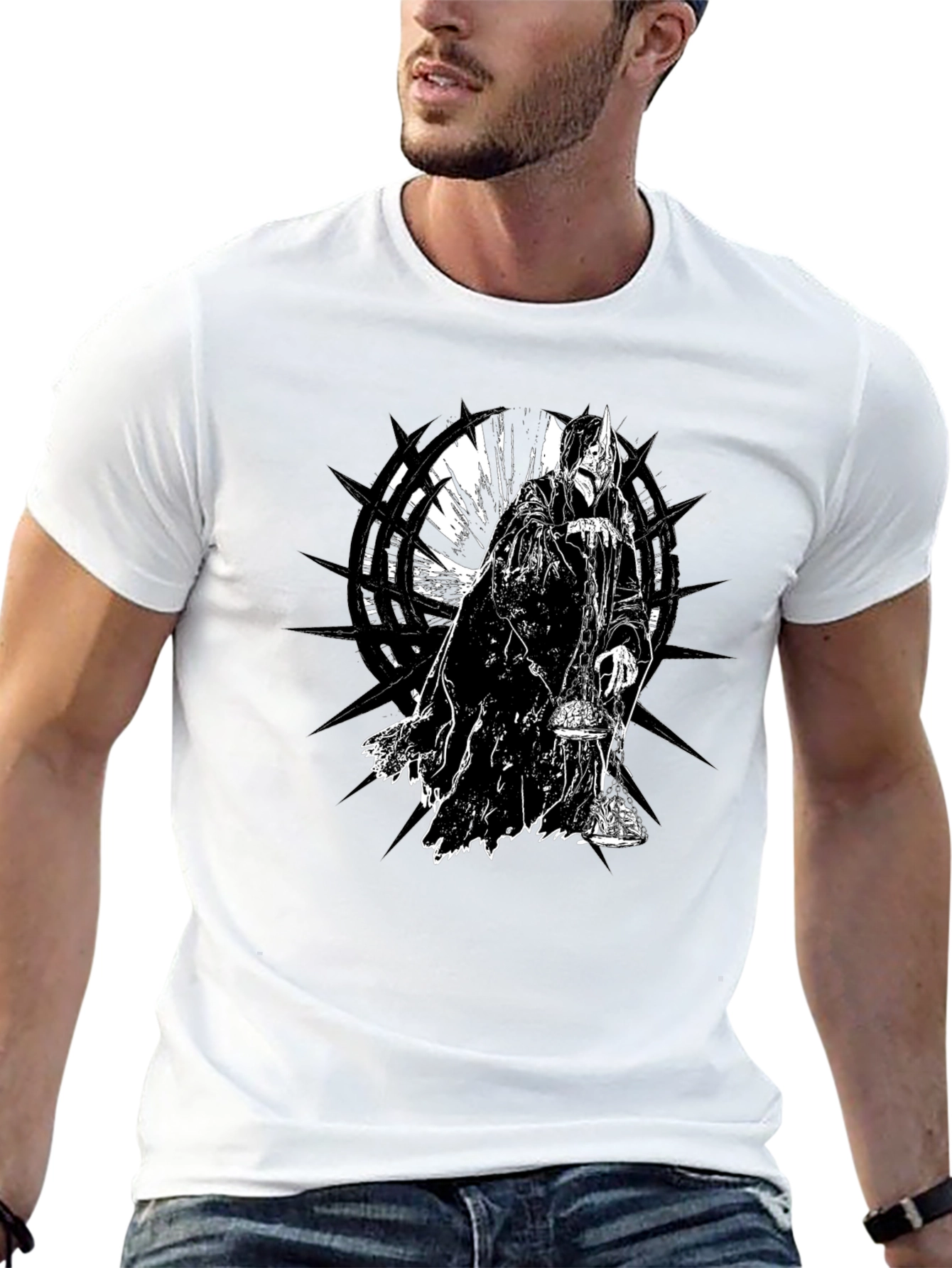 Black Men's Black T-Shirt with Fantasy Grim Reaper Design view 13