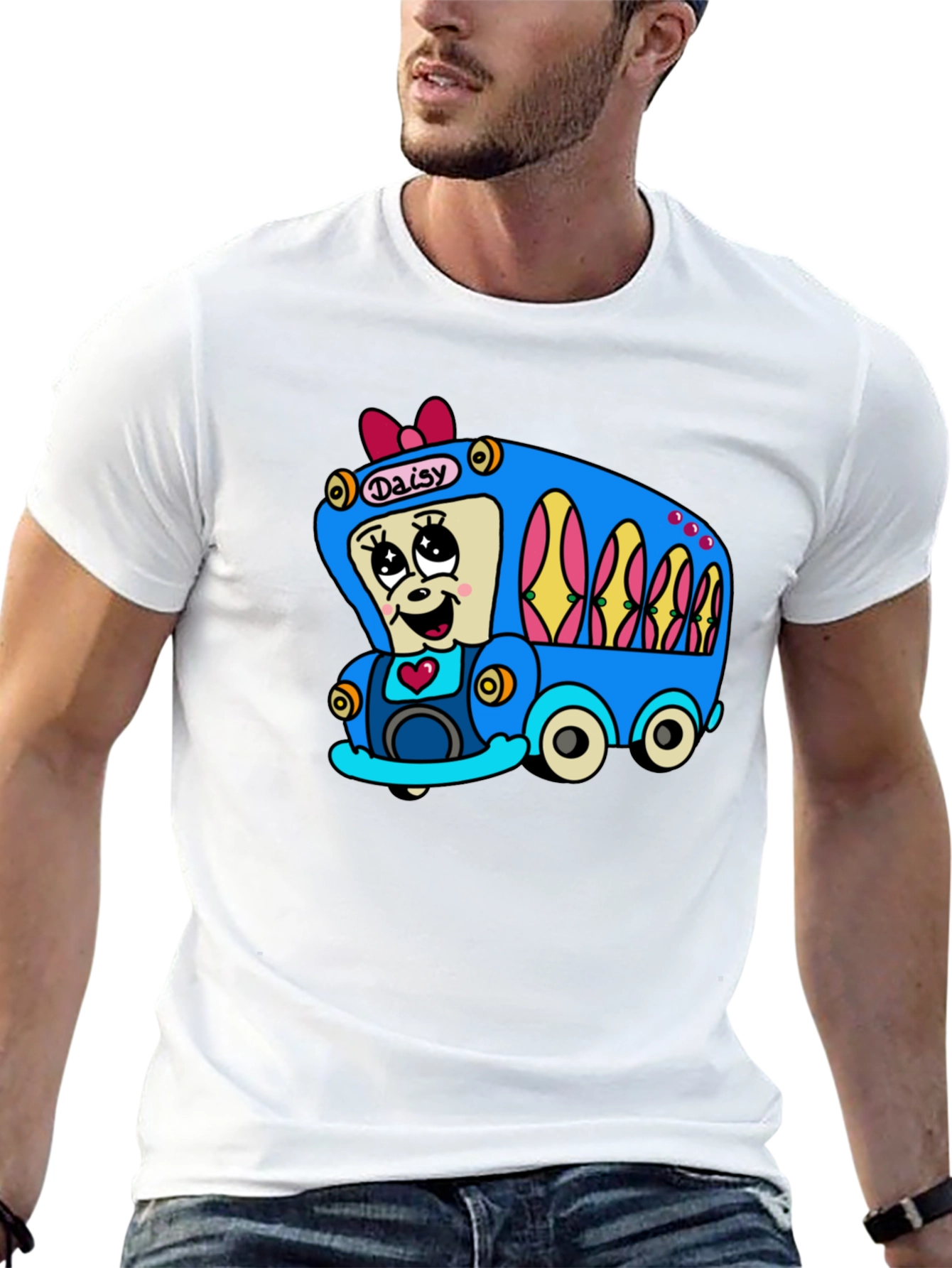 Black Daisy Bus Cartoon T-Shirt - Fun & Unique Graphic Tee view 13