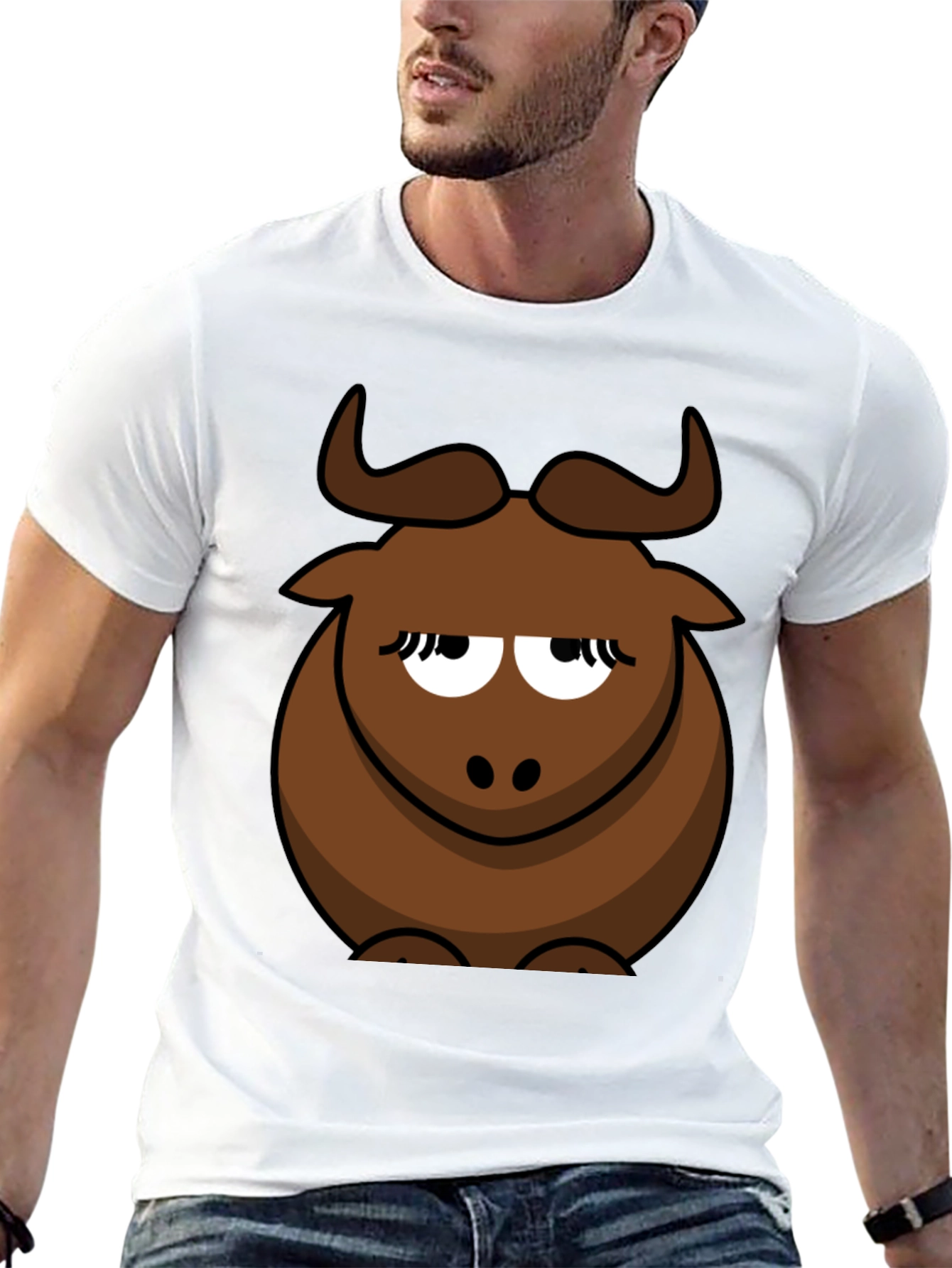 Black Funny Cartoon Bull Graphic T-Shirt - Unisex Black Tee view 13