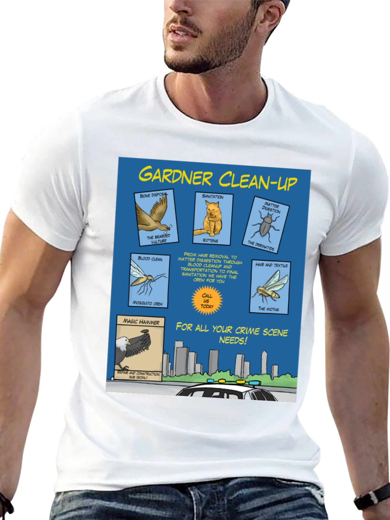 Black Gardner Clean-Up T-Shirt - Crime Scene Cartoon view 13