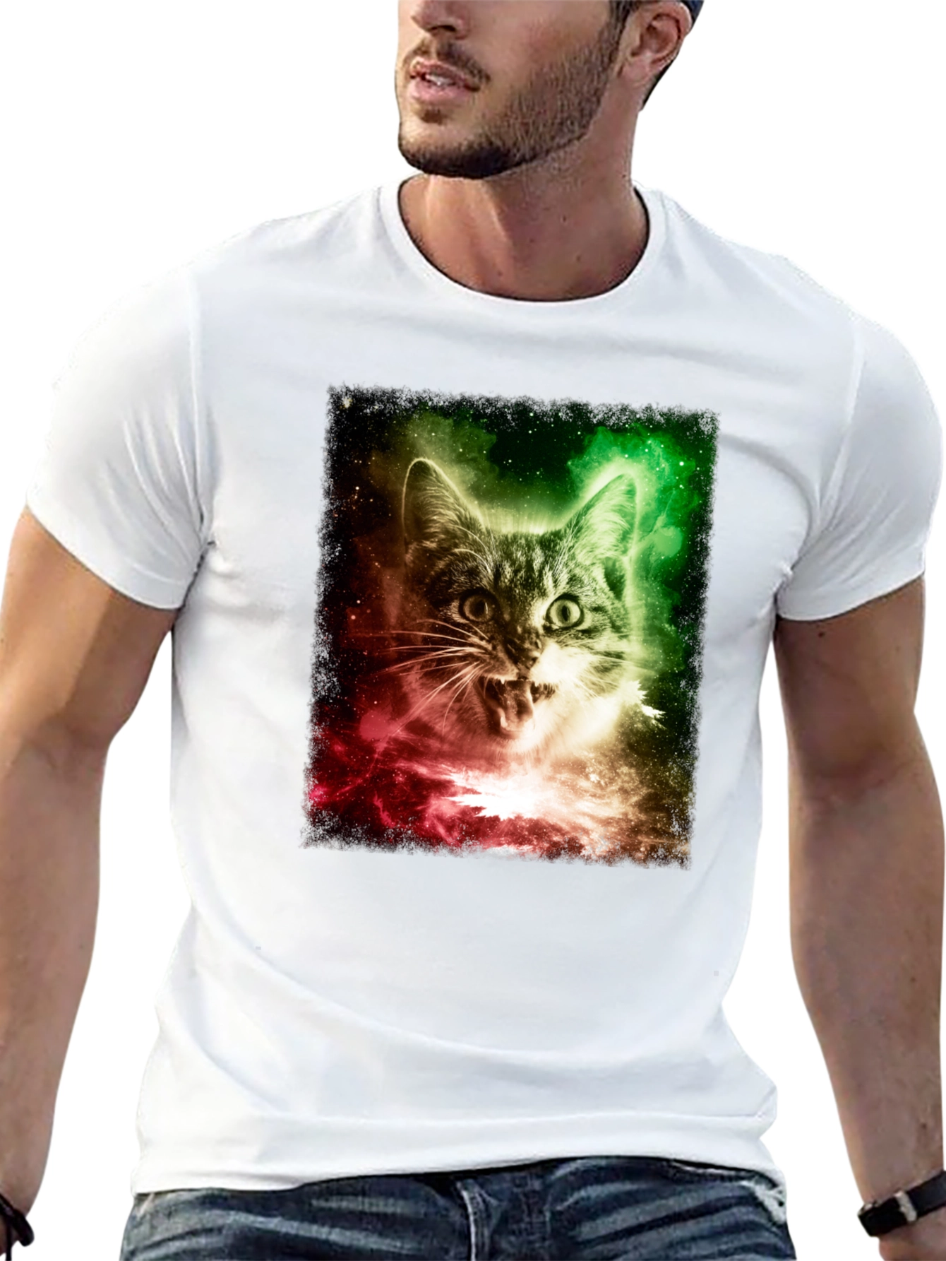 Black Galaxy Cat Graphic Tee - Men's Black T-Shirt view 13