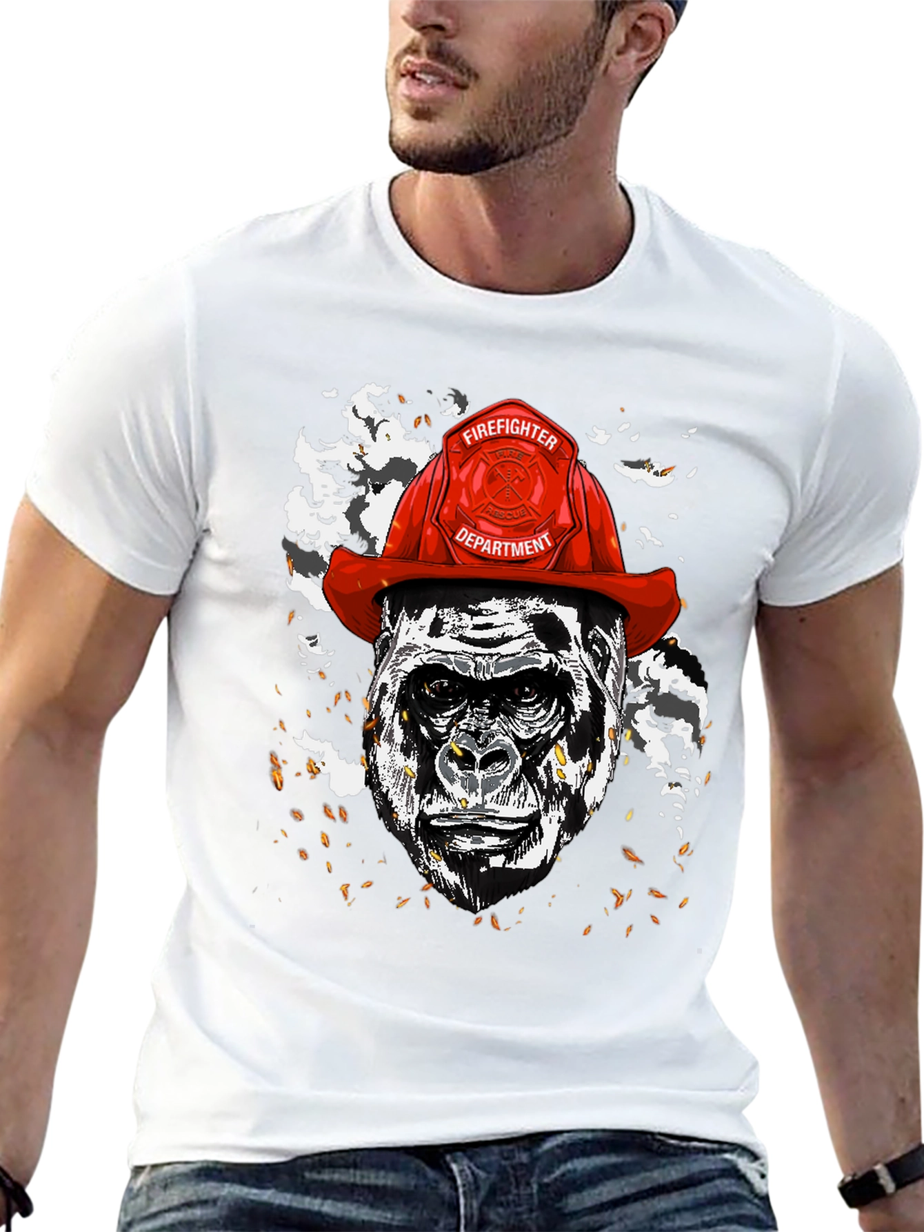 Black Gorilla Firefighter Graphic T-Shirt - Novelty Design view 13