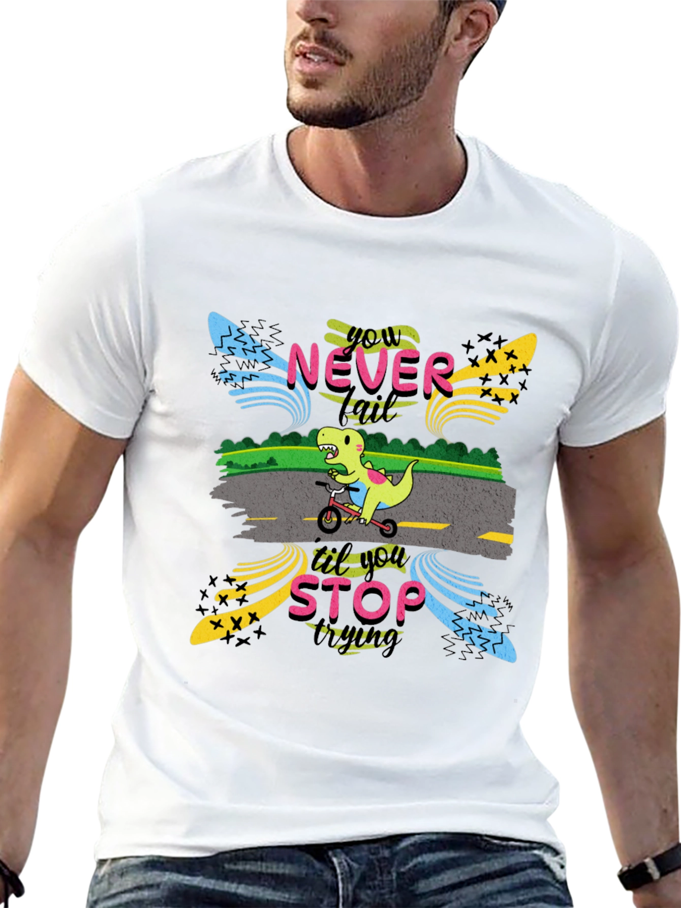 Black Never Stop Trying T-Shirt: Dino on Bike view 13