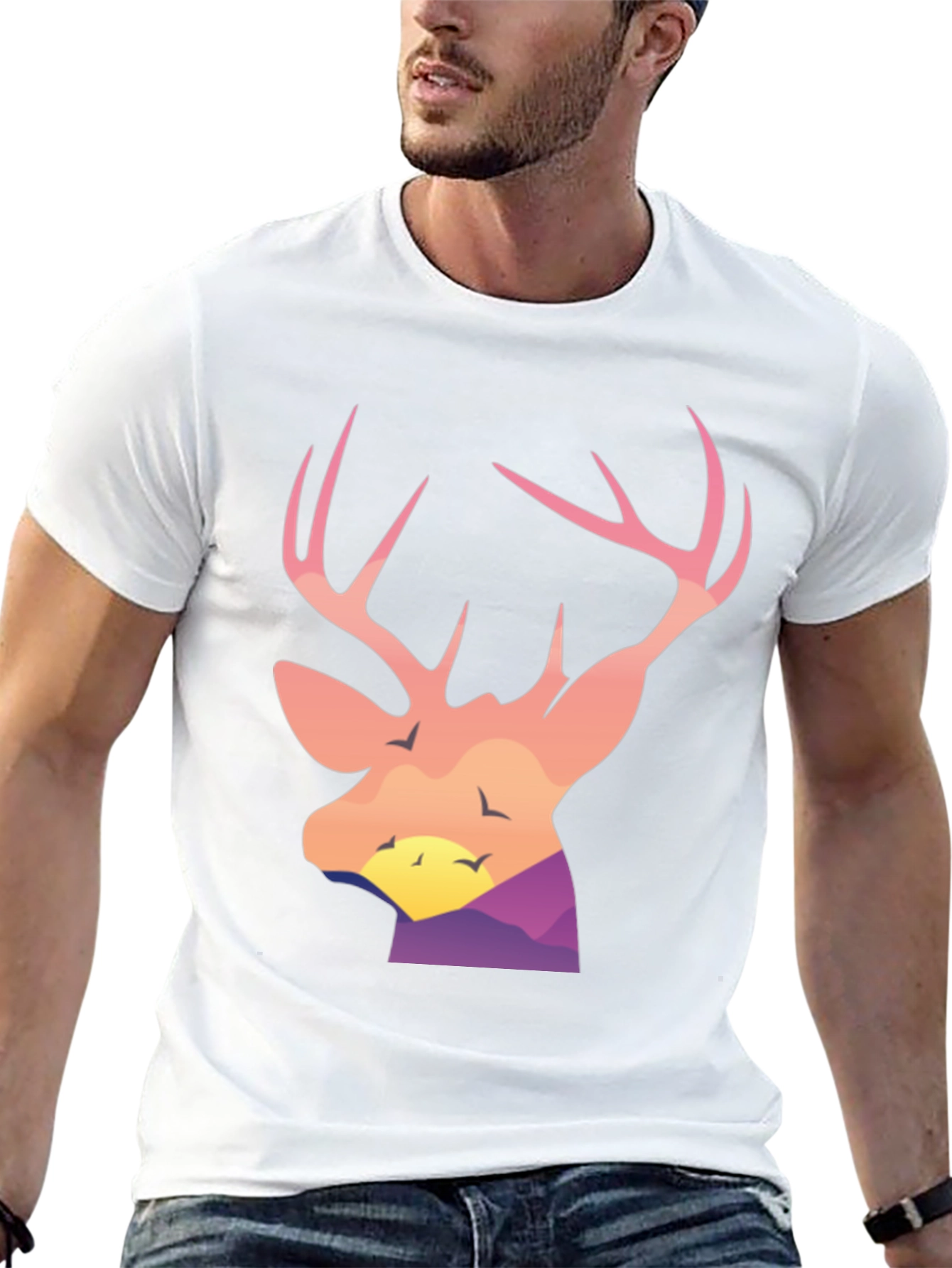 Black Deer Head Sunset Graphic Tee - Black Cotton Blend Shirt view 13