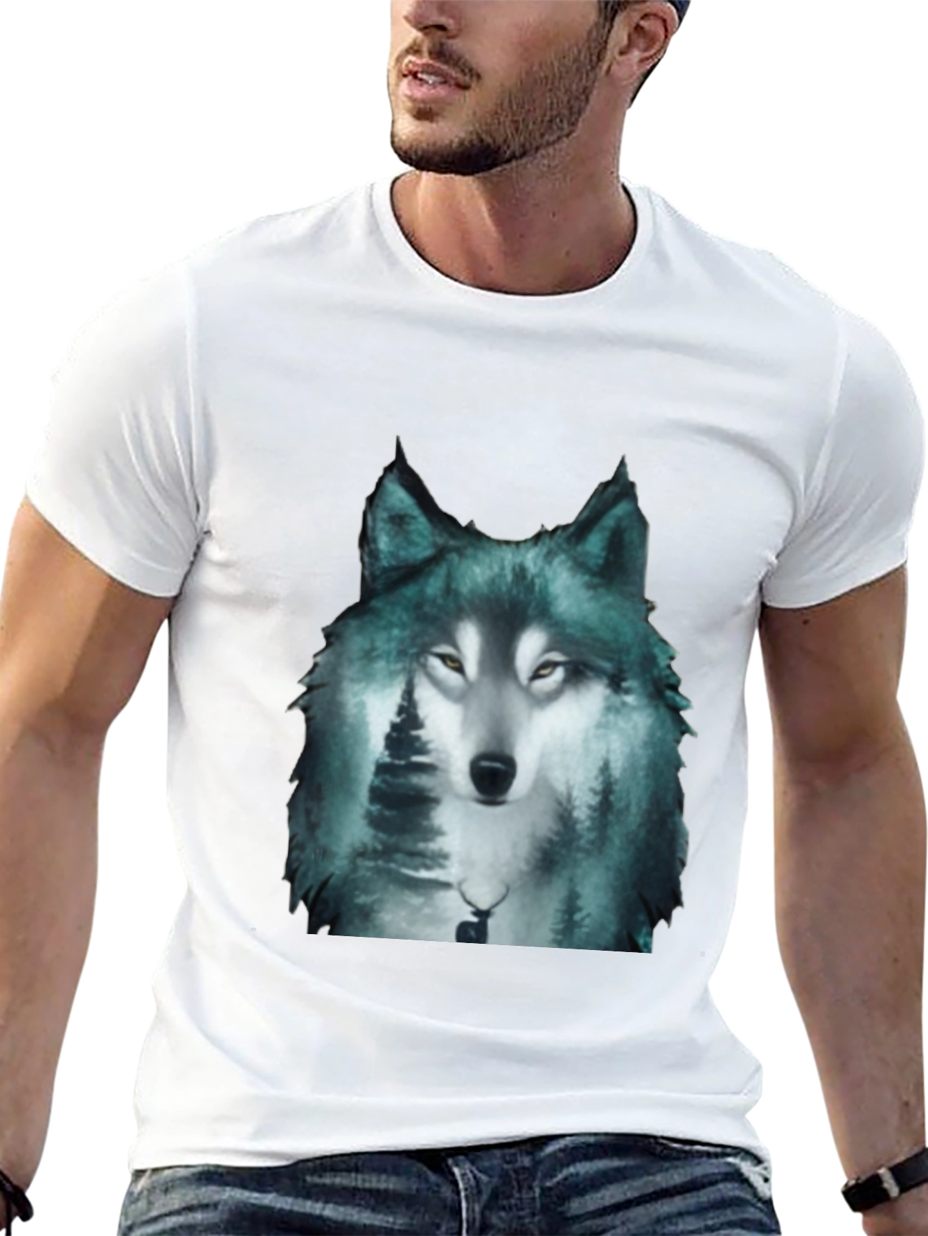 Black Wolf Forest Print Black T-Shirt view 13
