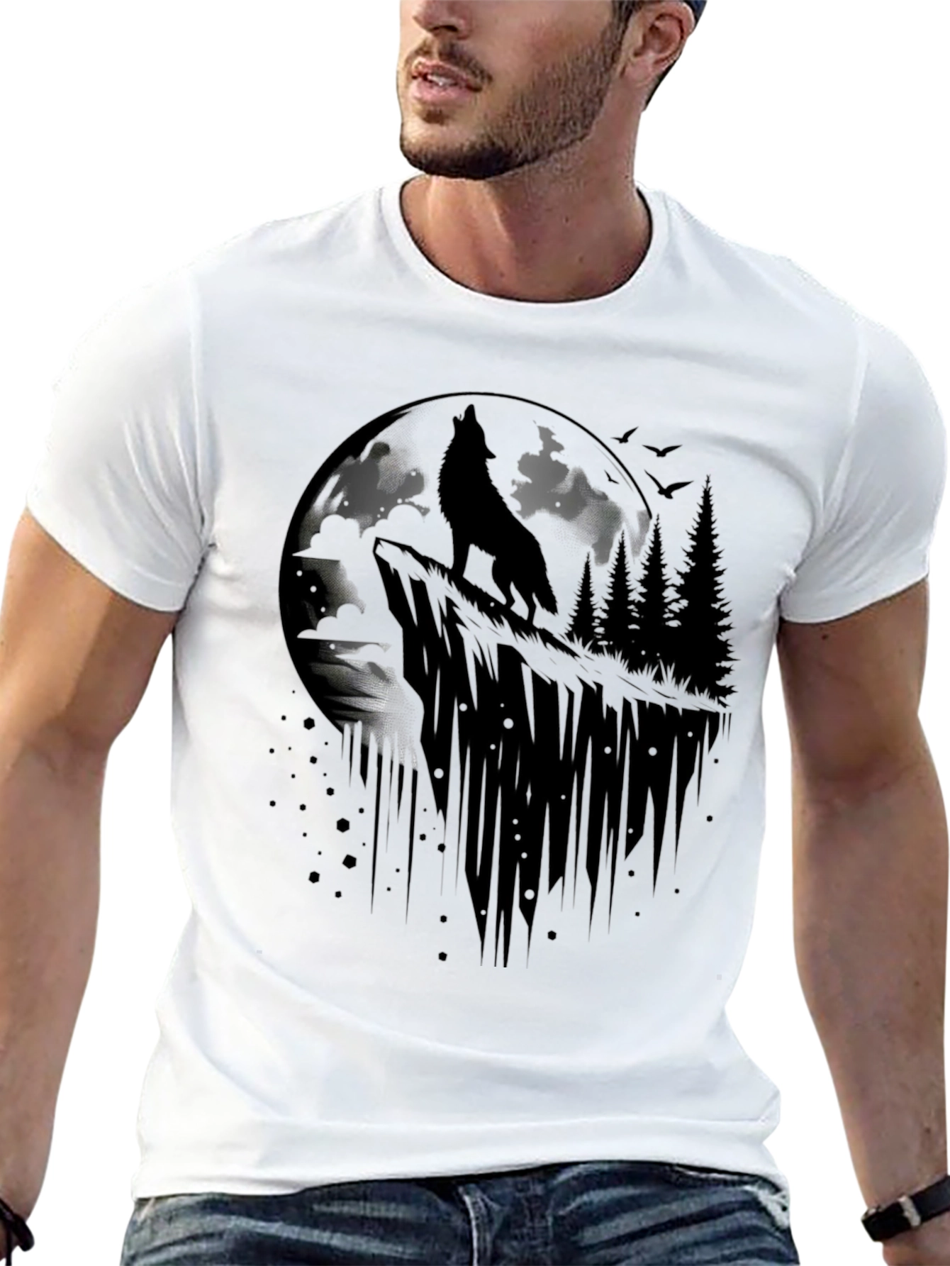 Black Wolf Moon Graphic Tee - Black Cotton T-Shirt view 13
