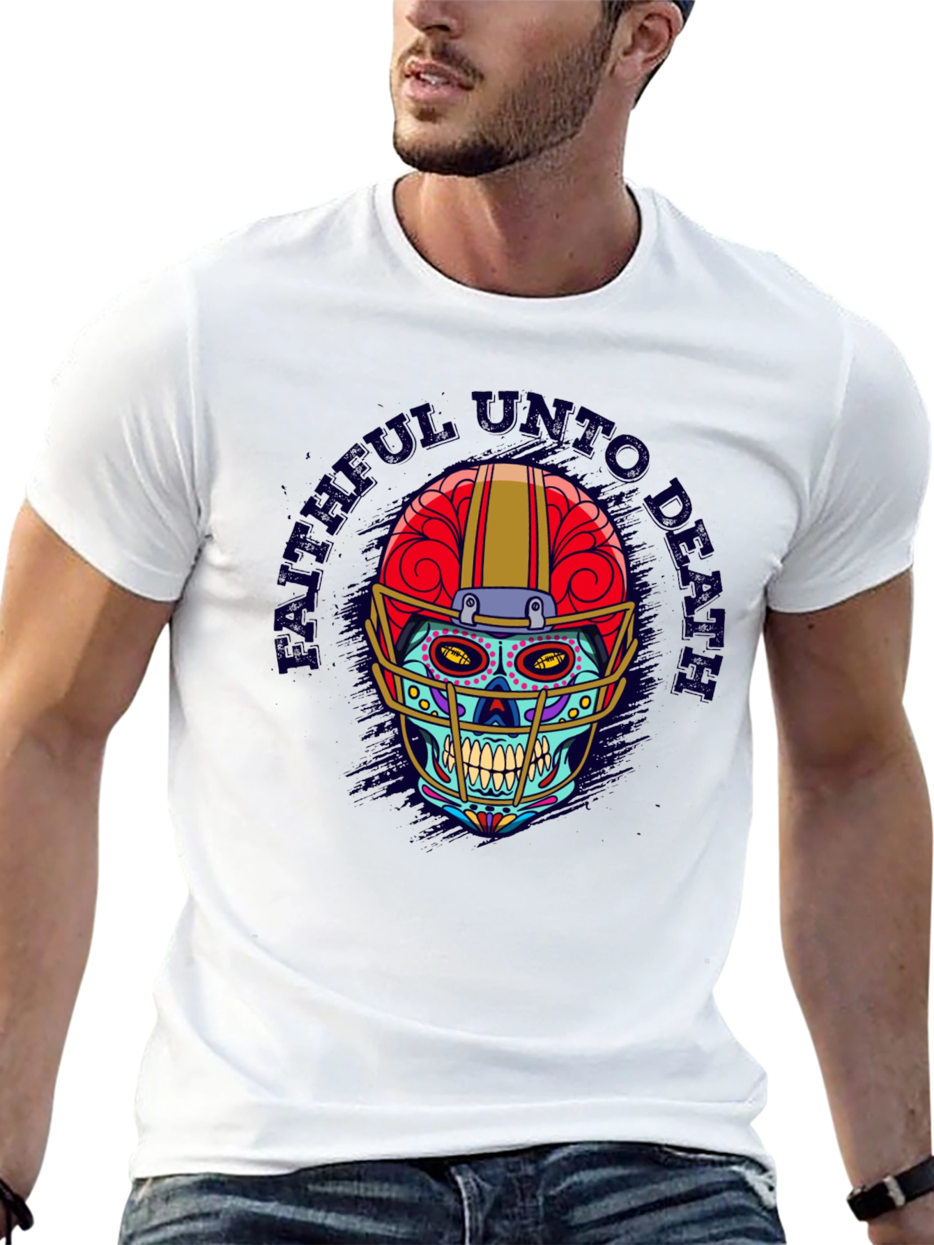 Black Faithful Unto Death Football Skull T-Shirt view 13