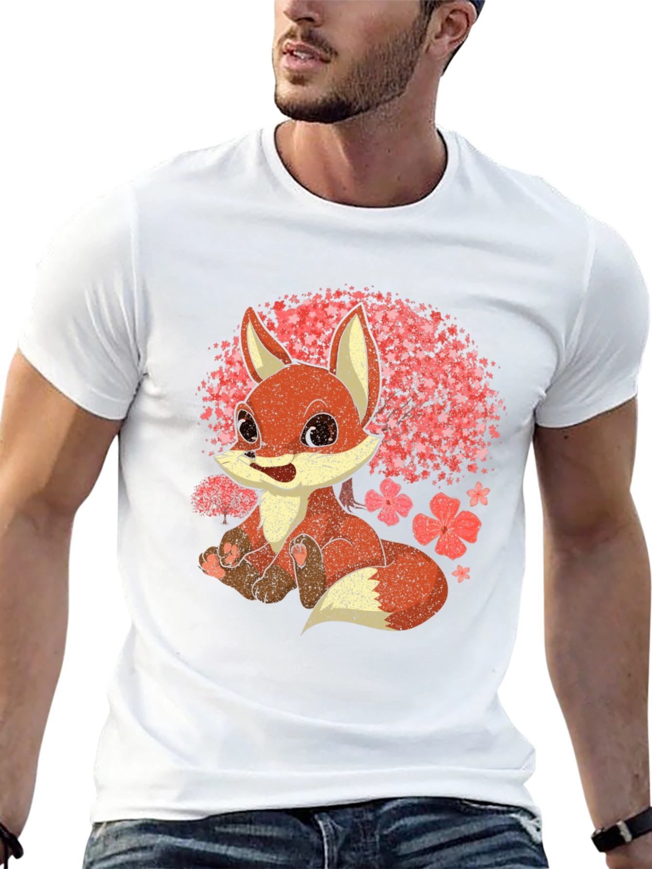 Black Cute Fox T-Shirt - Cherry Blossom Design view 13