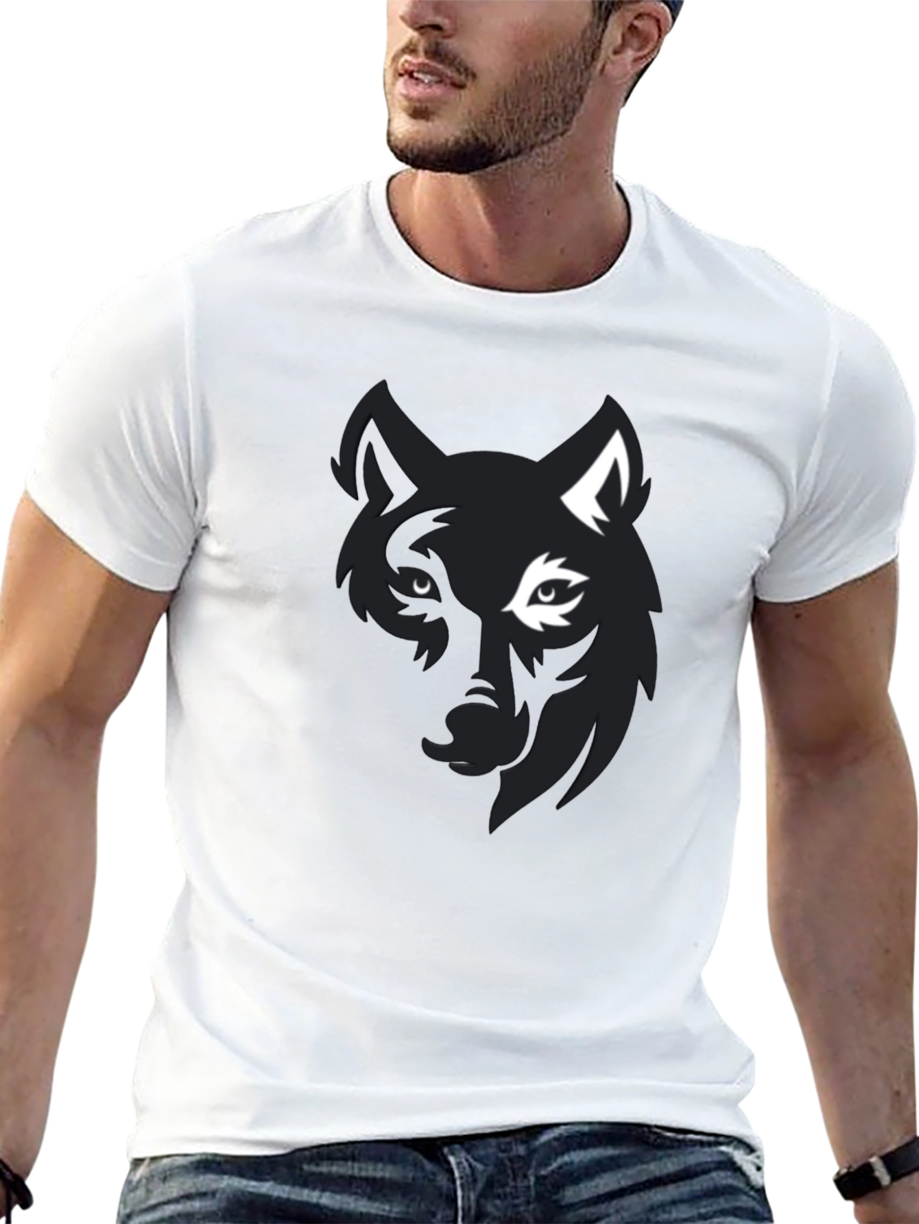 Black Wolf Graphic Print Black T-Shirt for Men view 13