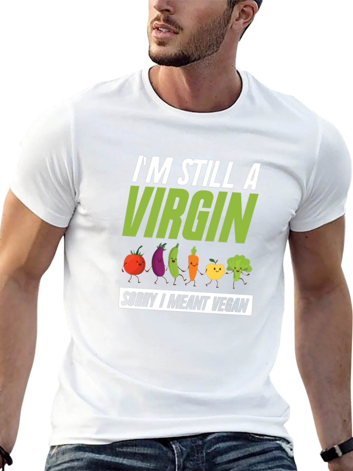 Black Vegan Pun T-Shirt - I'm Still A Virgin Sorry I Meant Vegan view 13