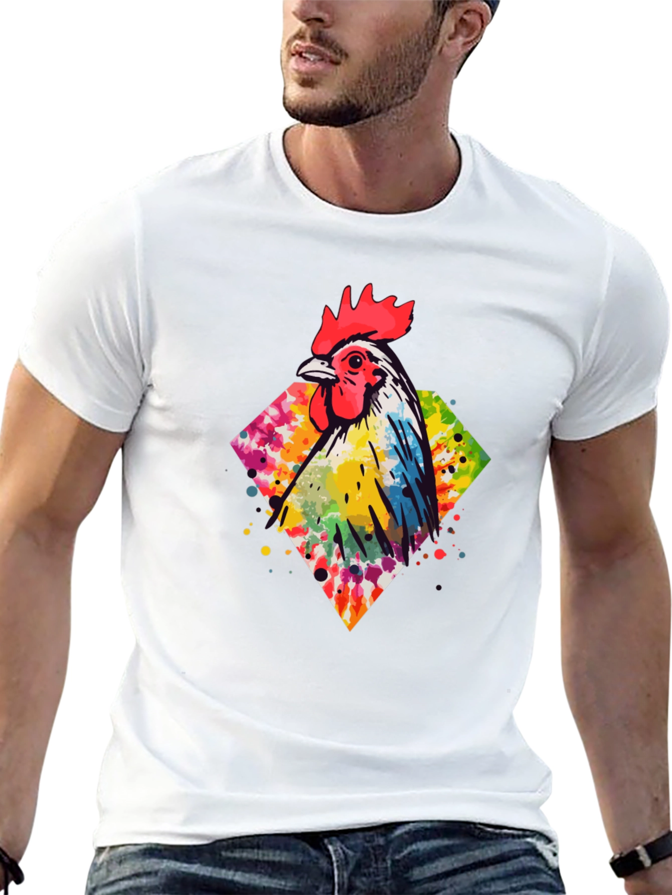 Black Watercolor Rooster Graphic Tee - Men's Black T-Shirt view 13