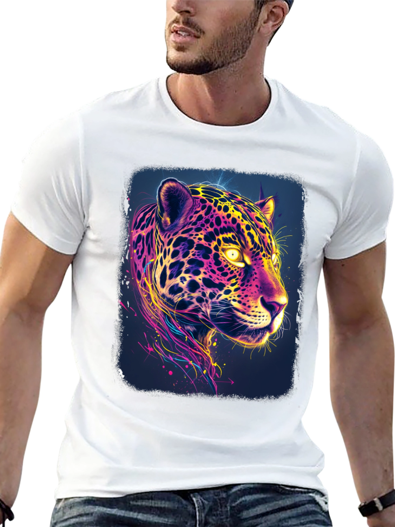 Black Vibrant Neon Jaguar Graphic Black T-Shirt view 13