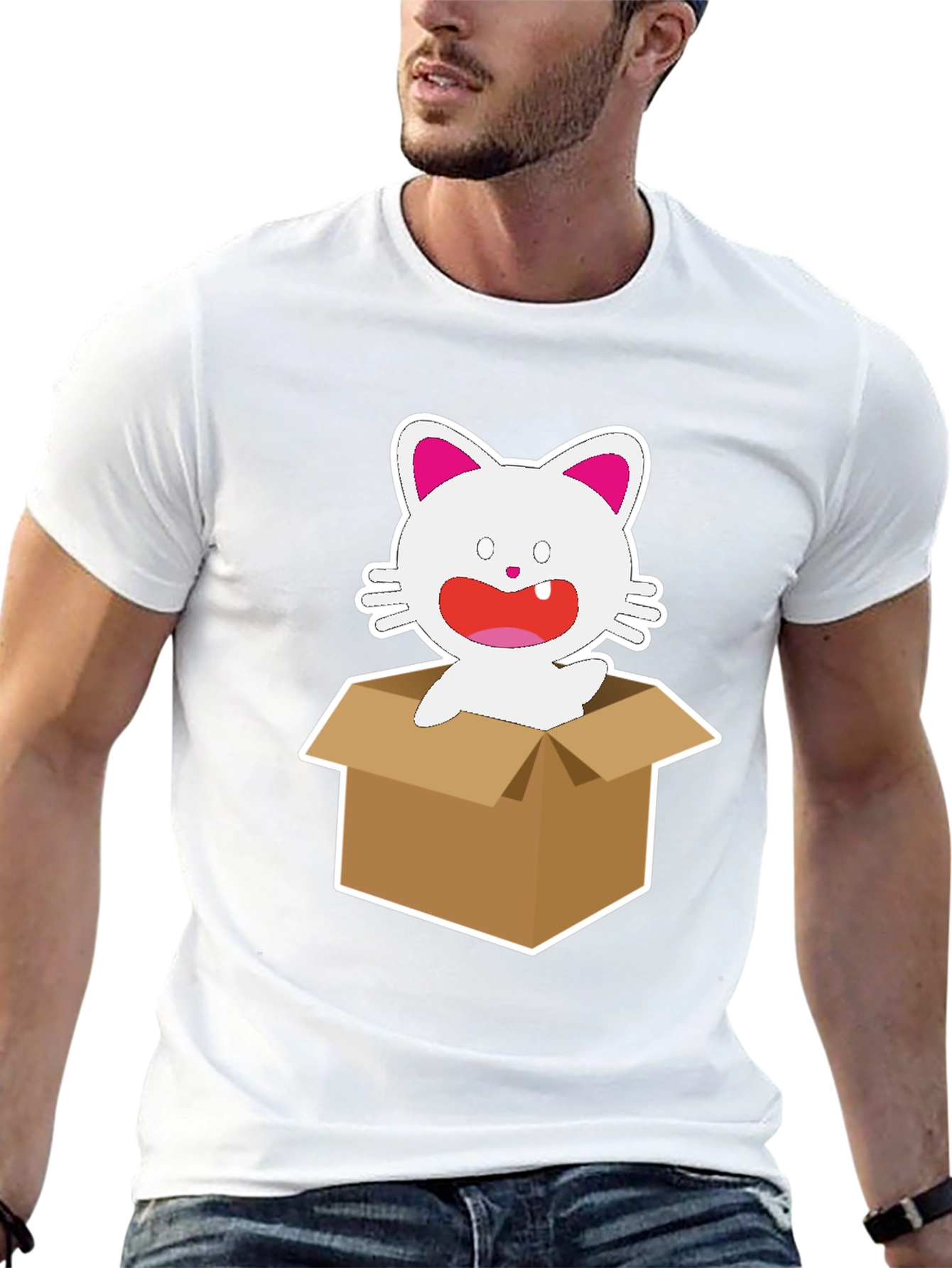 Black Cartoon Cat in Box Graphic Tee - Unisex Black T-Shirt view 13