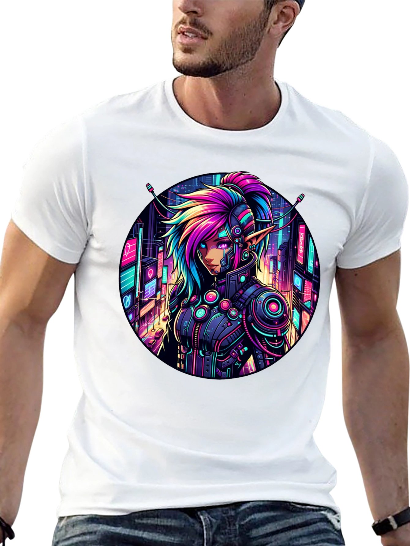 Black Cyberpunk Elf T-Shirt: Neon Cityscape Graphic Tee view 13