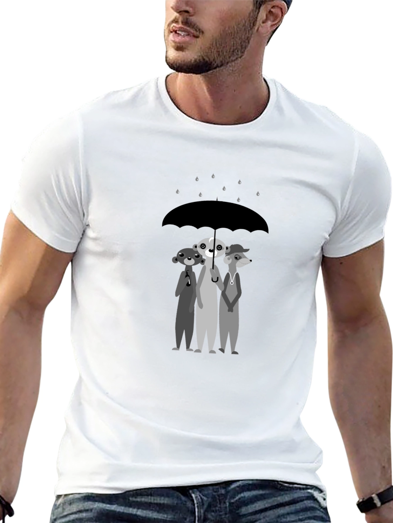 Black Rainy Day Pals T-Shirt: Cartoon Meerkat Design view 13