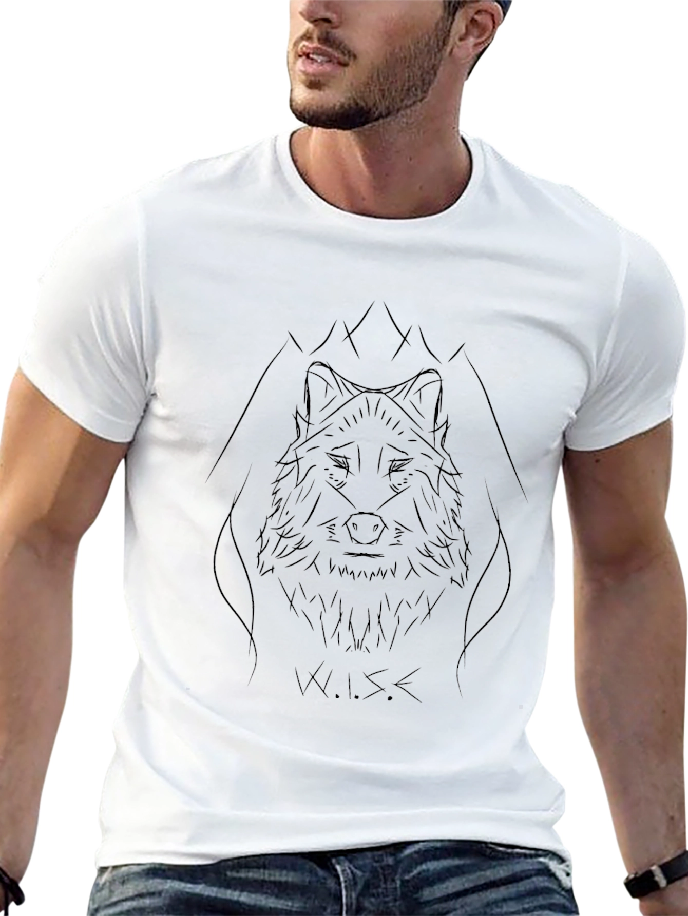 Black Wolf Sketch Graphic Tee - Modern Men's Black T-Shirt view 13