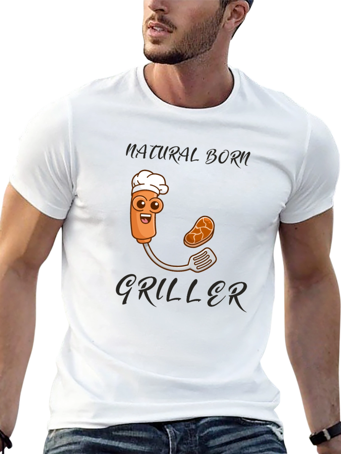 Black Natural Born Griller T-Shirt - BBQ Cartoon Chef view 13