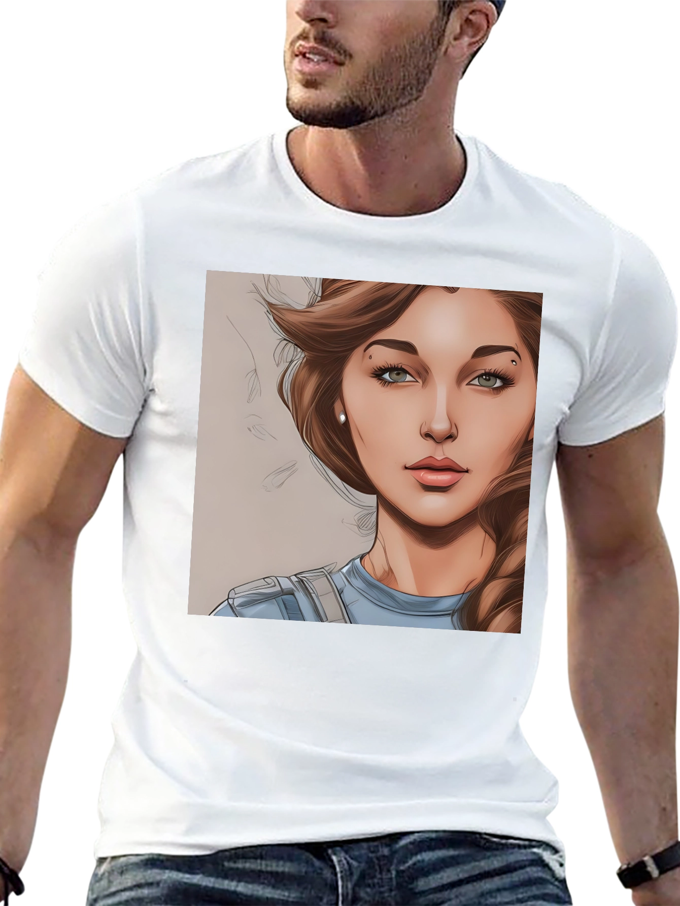 Black Woman Cartoon Portrait Black T-Shirt view 13