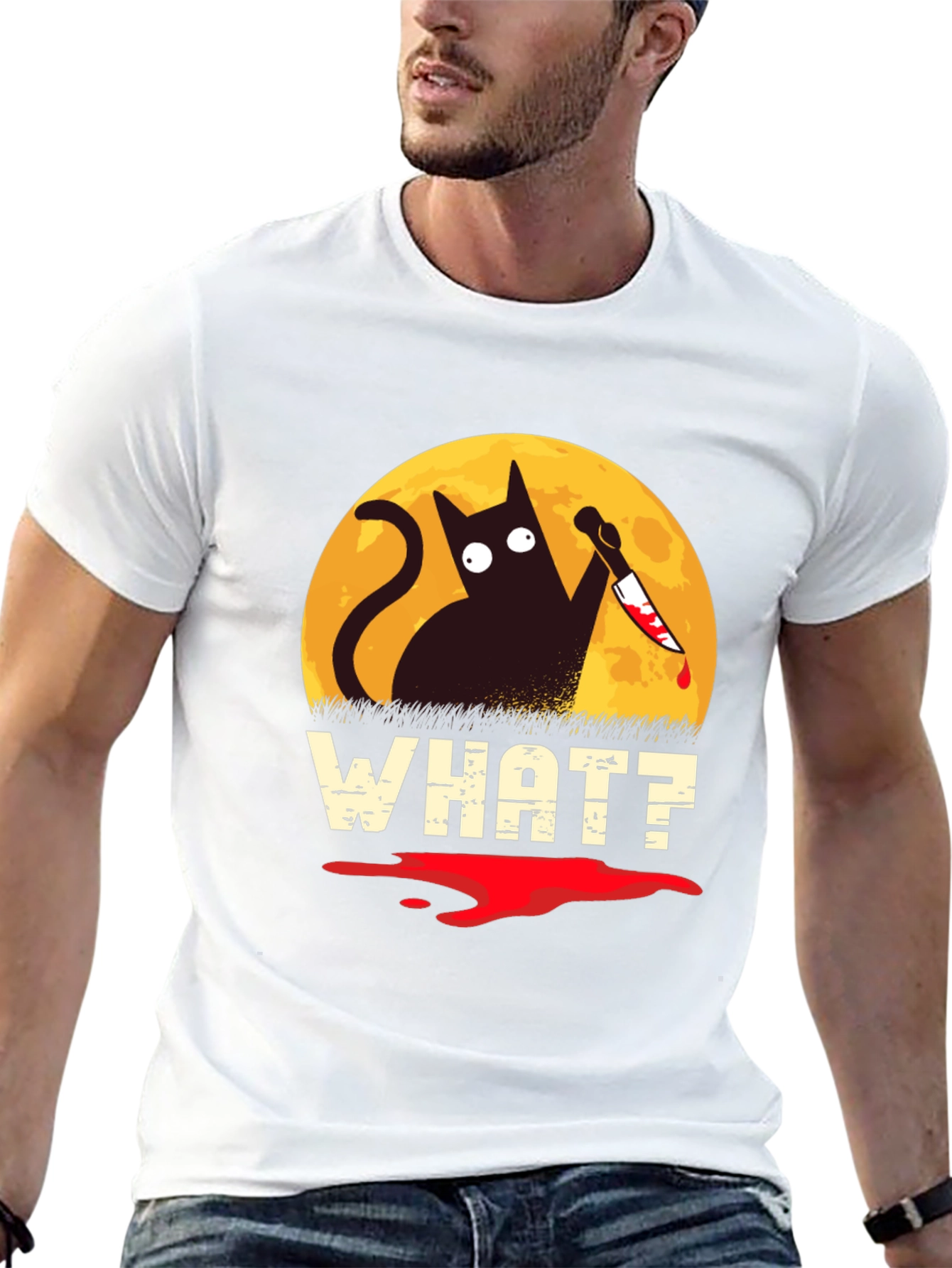 Black Funny Cat What? T-Shirt Halloween Black Cat with Knife Tee view 13