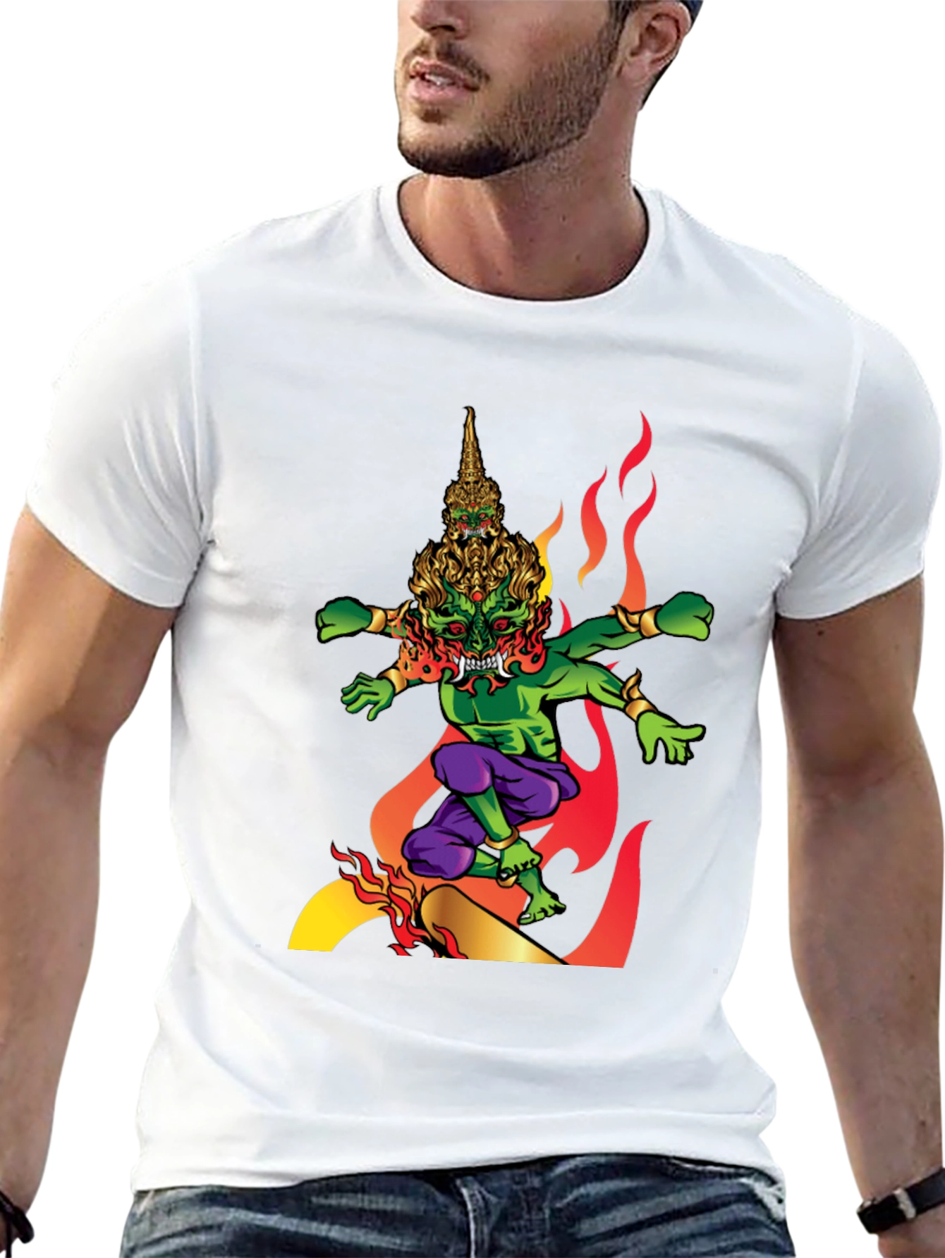 Black Men's Graphic Tee: Fiery Thai Demon Design view 13