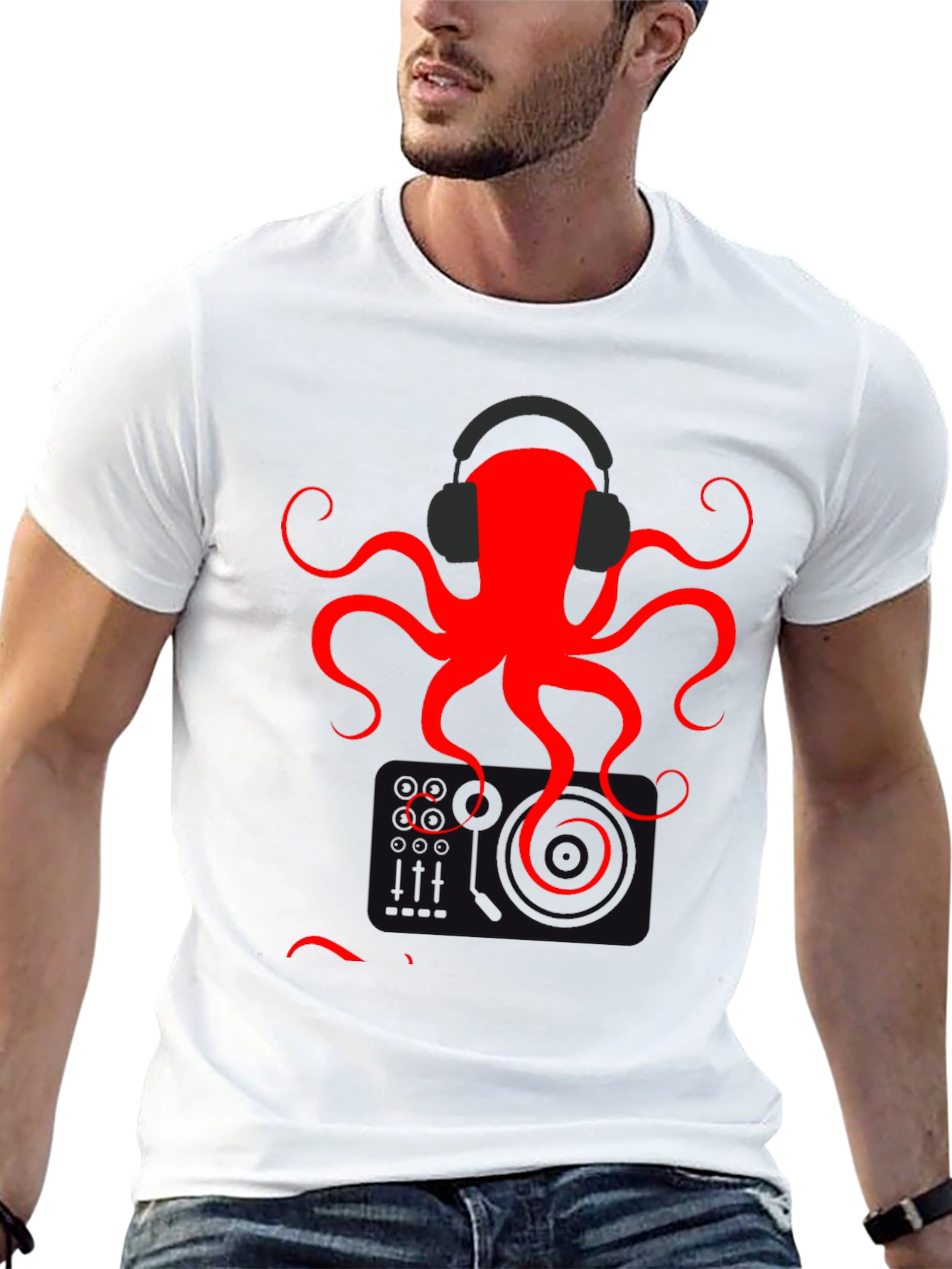 Black Red Octopus Headphones Graphic T-Shirt view 13