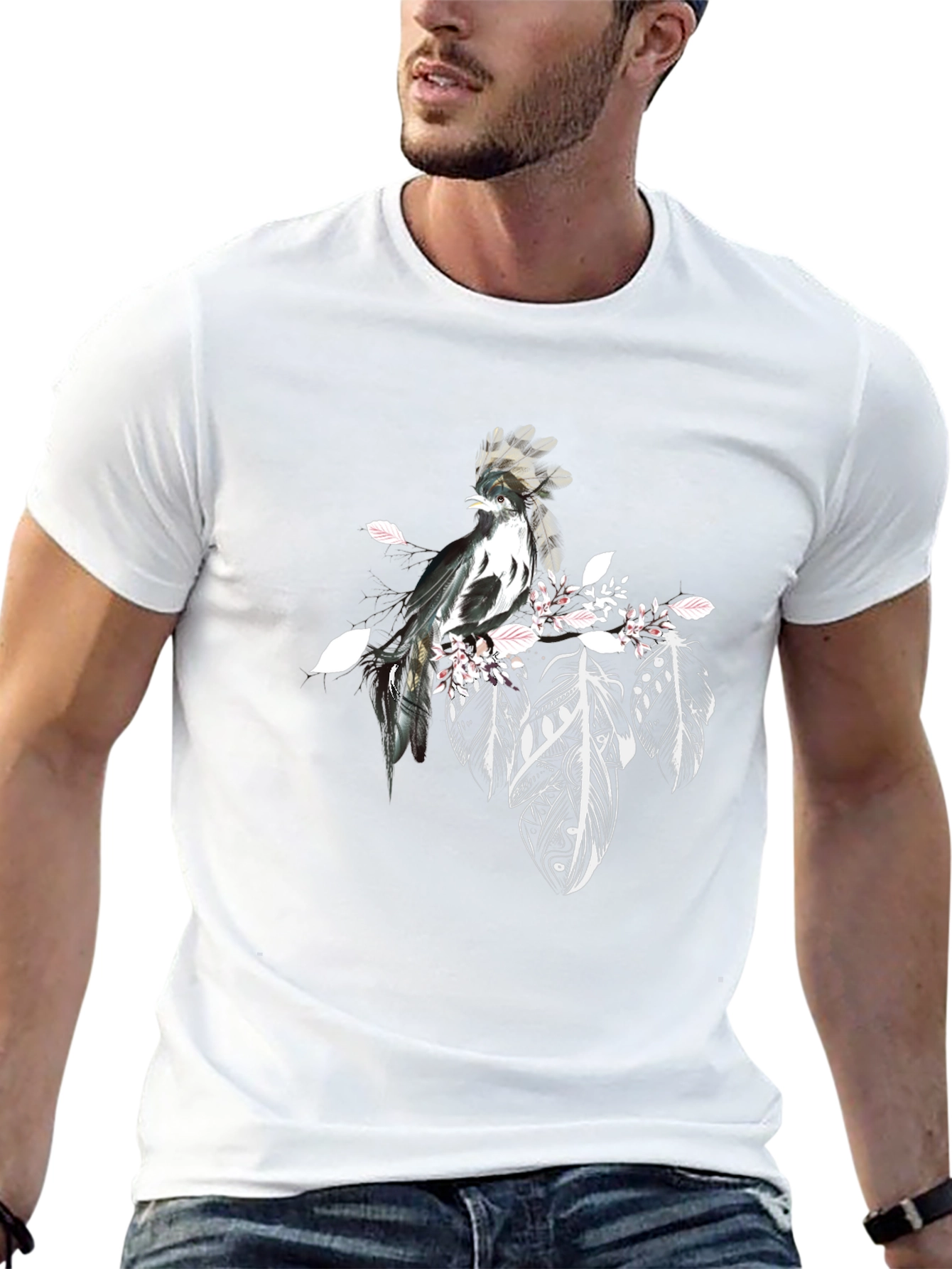 Black Black T-Shirt with Bird and Feathers Design view 13