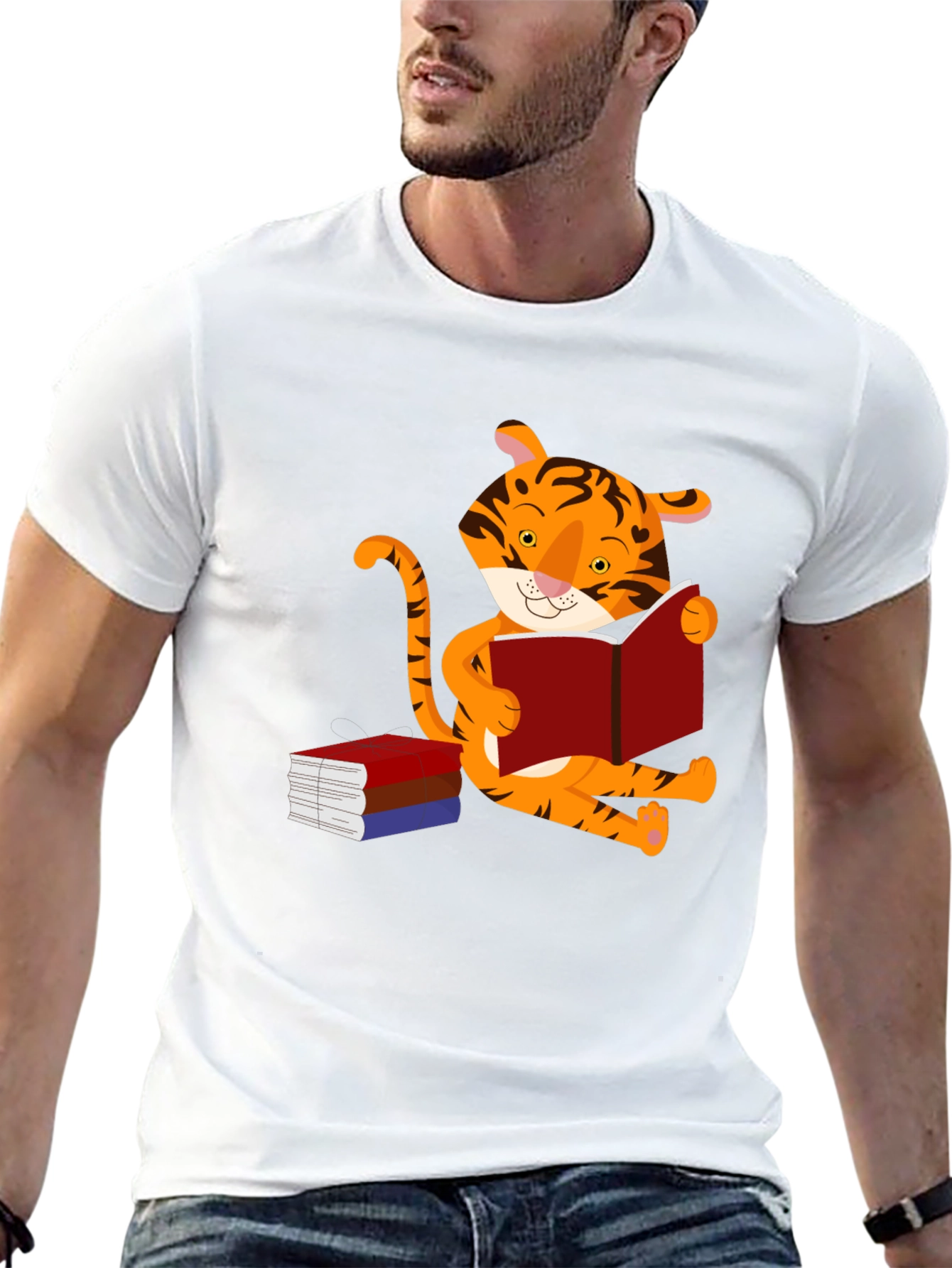 Black Cute Tiger Reading Book Graphic T-Shirt view 13