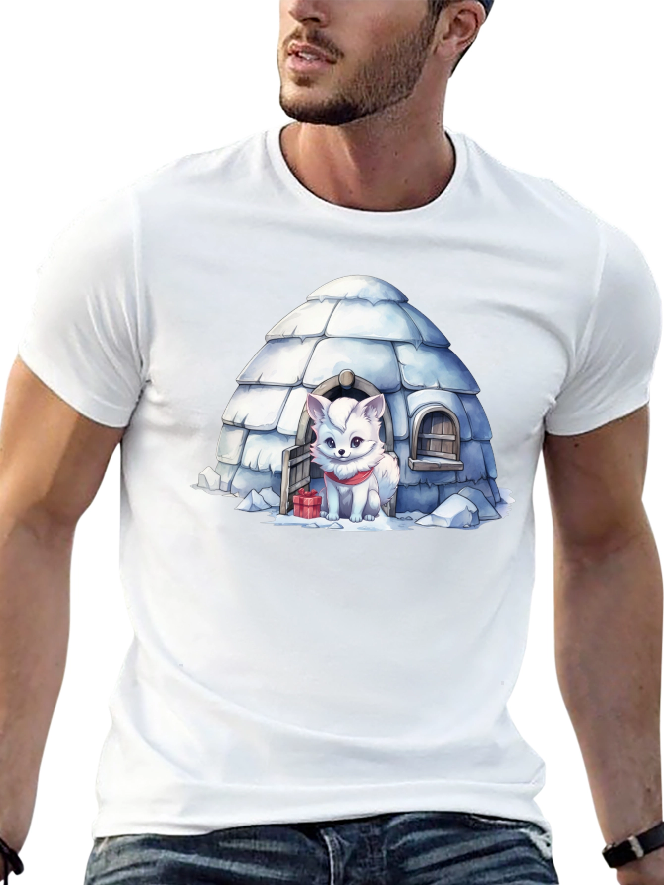 Black Cute Arctic Fox in Igloo Graphic Tee view 13