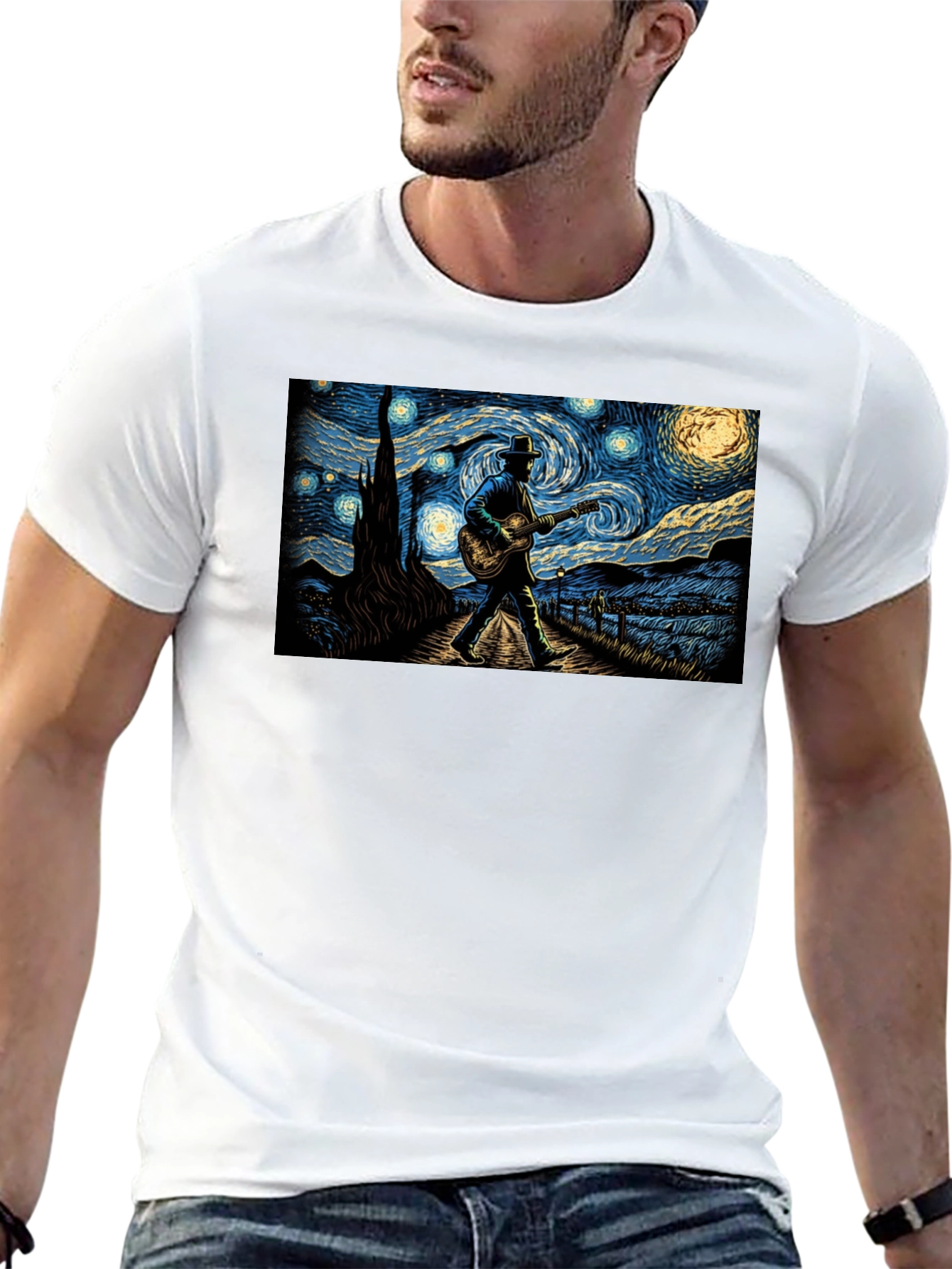Black Starry Night Guitar Player Graphic Tee view 13
