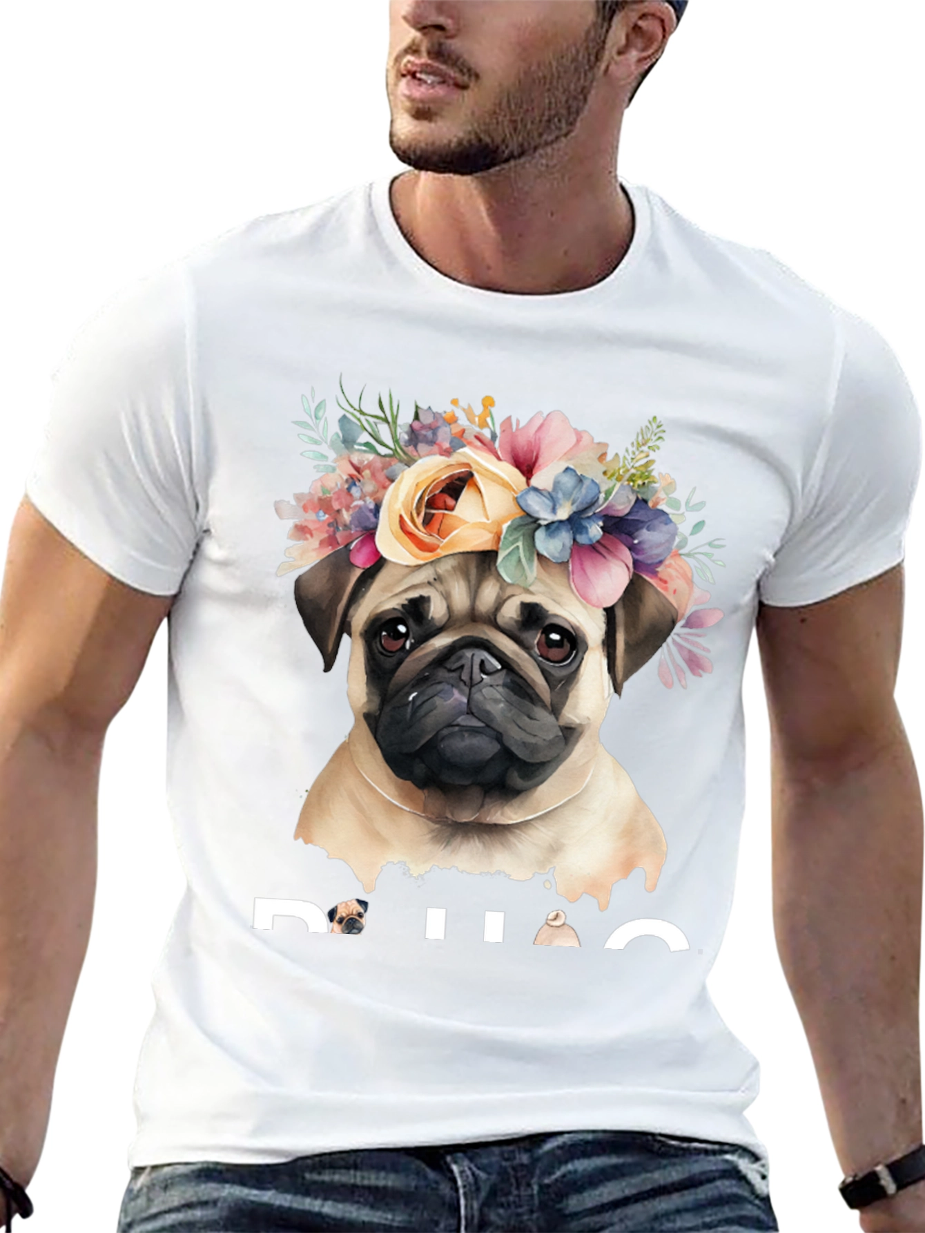 Black Pug Floral Crown Graphic Tee - Black Cotton T-Shirt view 13