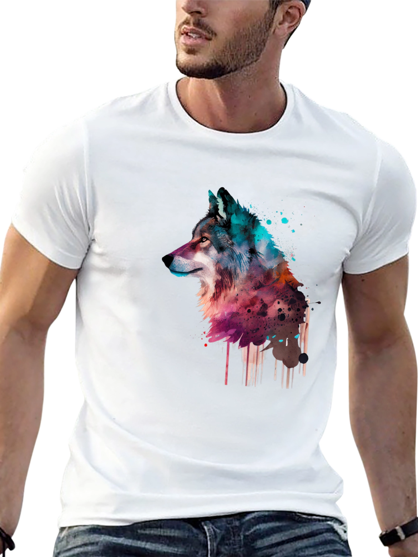 Black Watercolor Wolf Graphic Black T-Shirt view 13