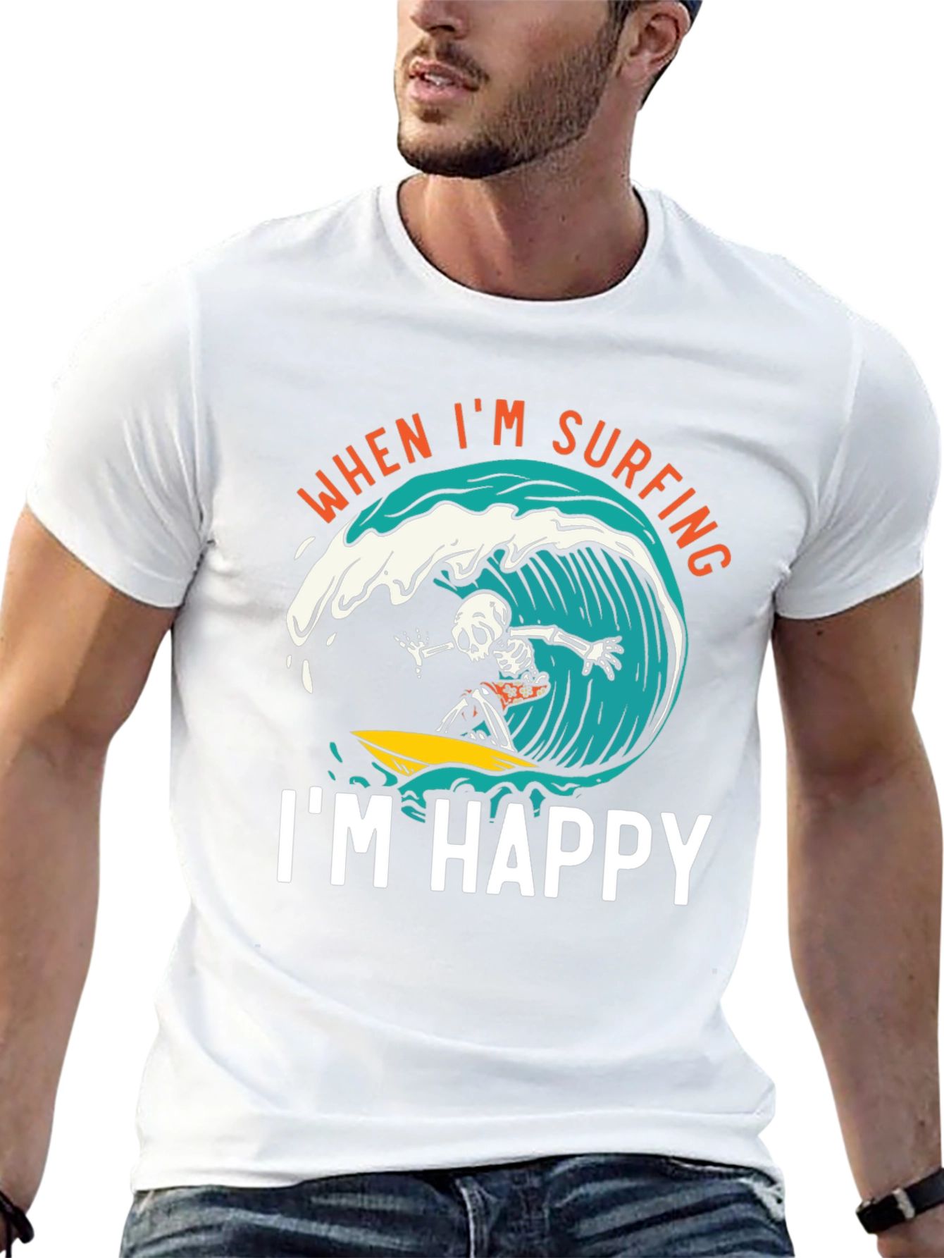 Surfing Skeleton Graphic Tee - "When I'm Surfing, I'm Happy" Black T-Shirt - 13