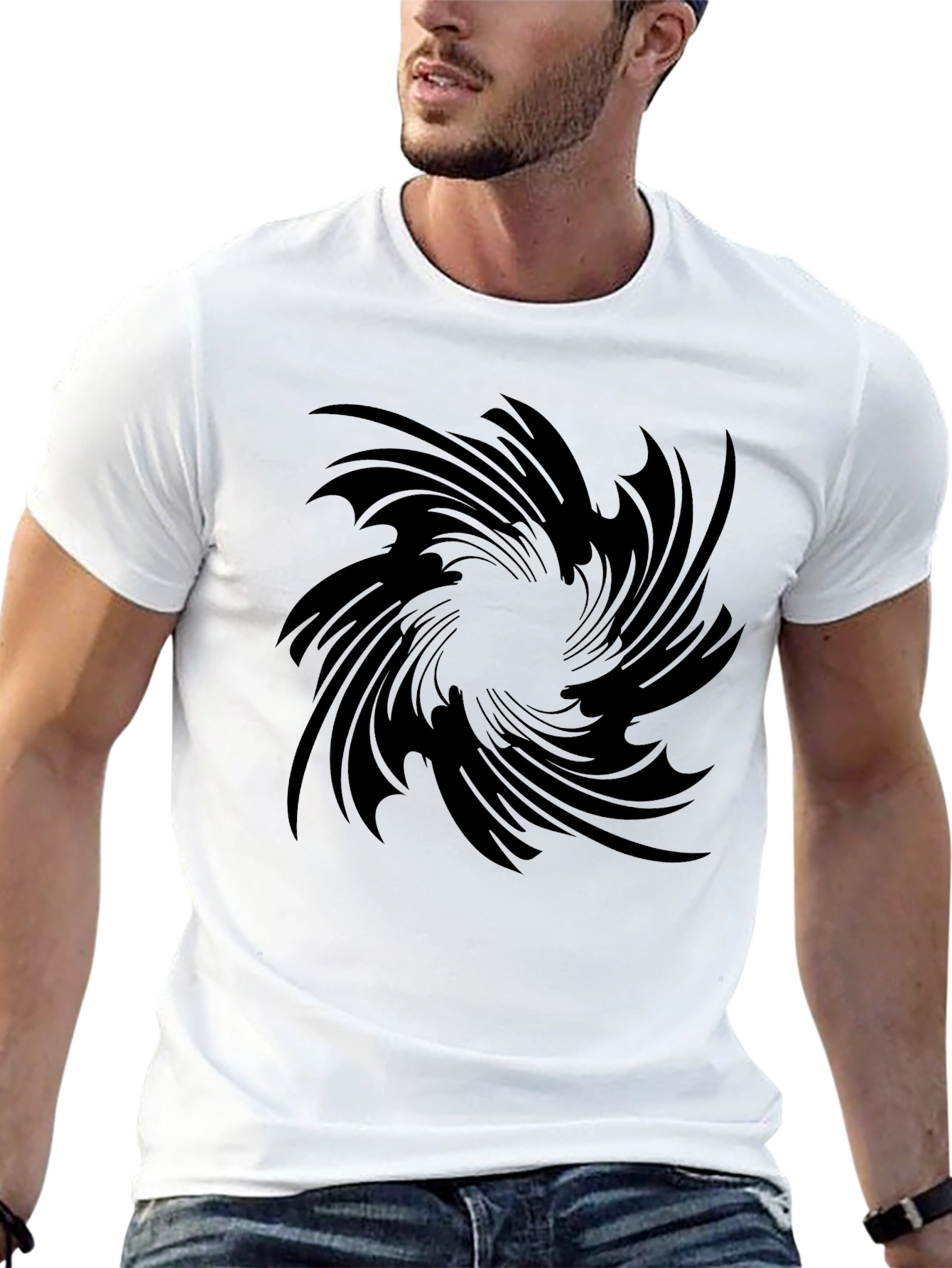 Black Men's Black T-Shirt with Abstract Swirl Design view 13